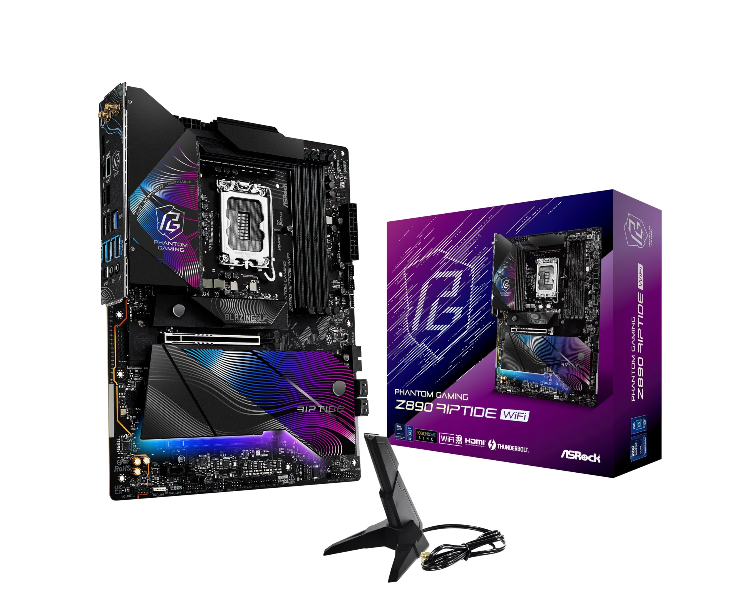 ASRock Intel Core Ultra Phantom Gaming Z890 Riptide WiFi 7 ATX Motherboard DDR5 9066 MHz 256 GB LGA1851 RLILM M.2 PCIe 5.0