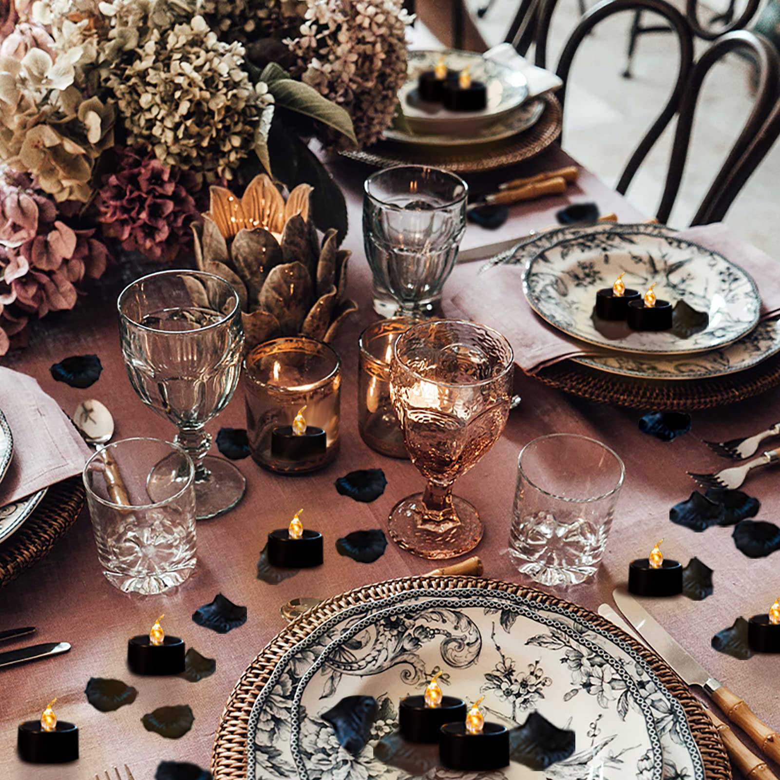 Lanker 500 Pcs Black Artificial Rose Petals With 24 Pcs Black Long Lasting Battery Operated Flickering Flameless Tea Lights Cand