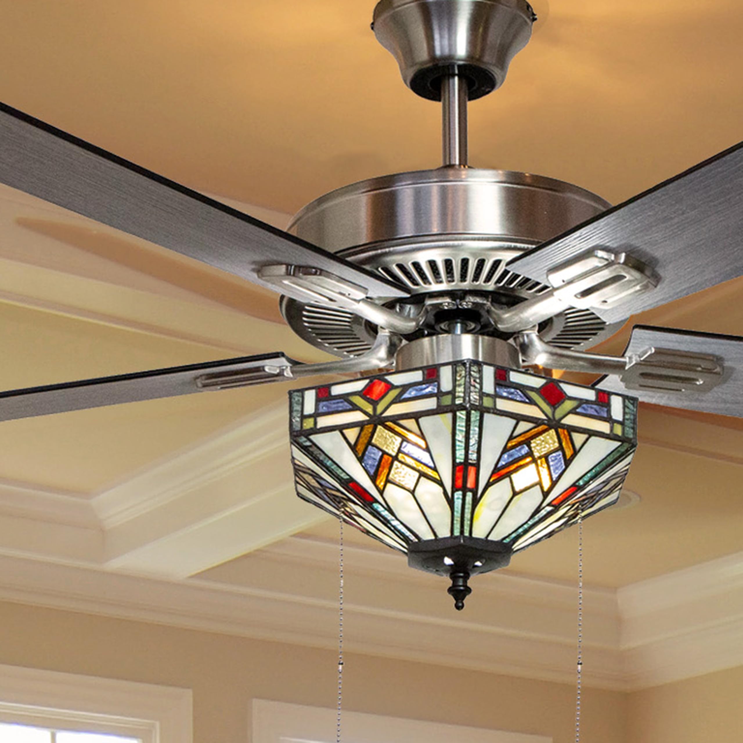 RIVER OF GOODS 52 Inch Mission Tiffany-Style LED Ceiling Fan with Lights - Stained Glass Ceiling Fan Light Fixture with Remote C