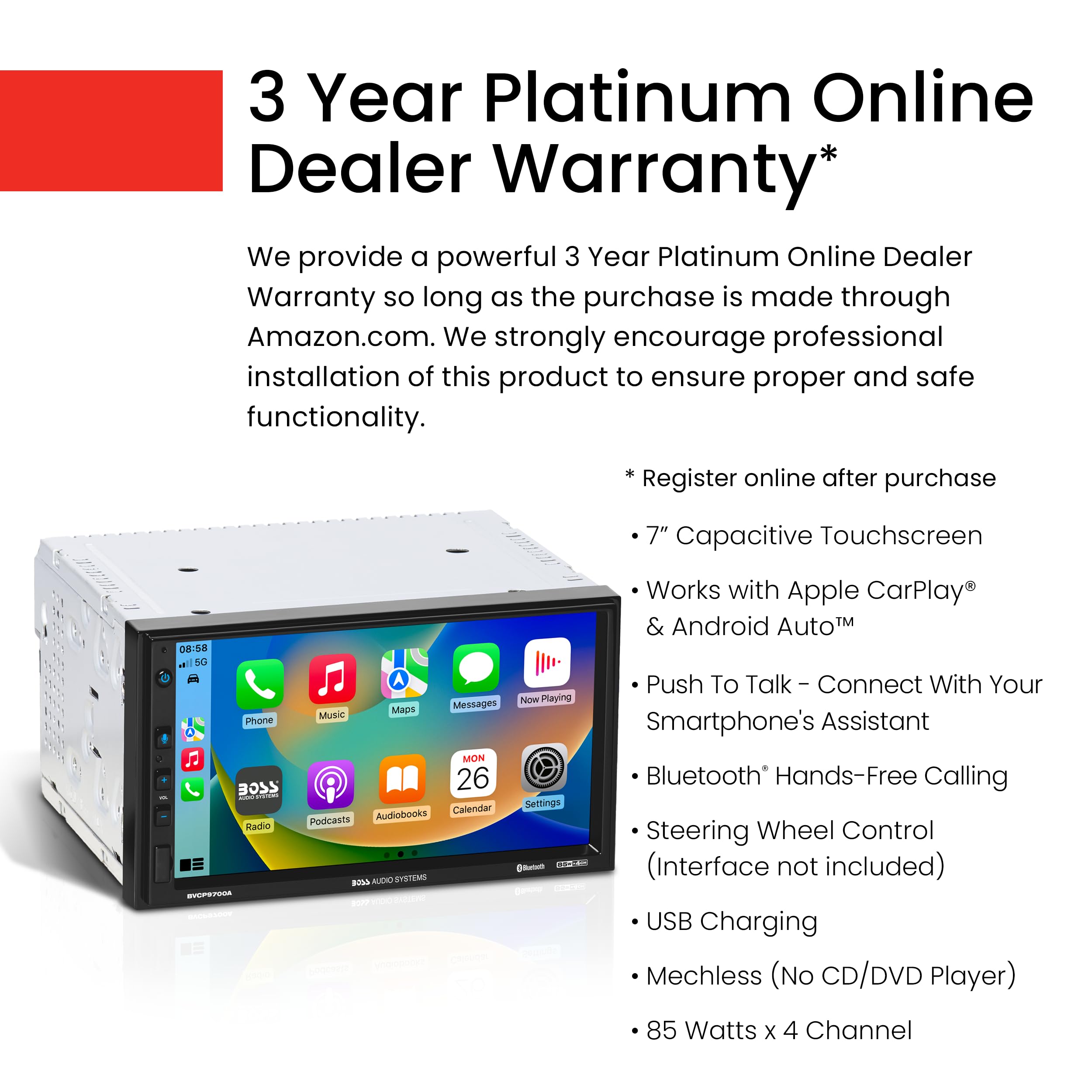 Boss Audio Systems Bvcp9700A Car Stereo   Apple Carplay, Android Auto, Double Din, 7 Inch Touchscreen, Bluetooth, No Cd Dvd Play