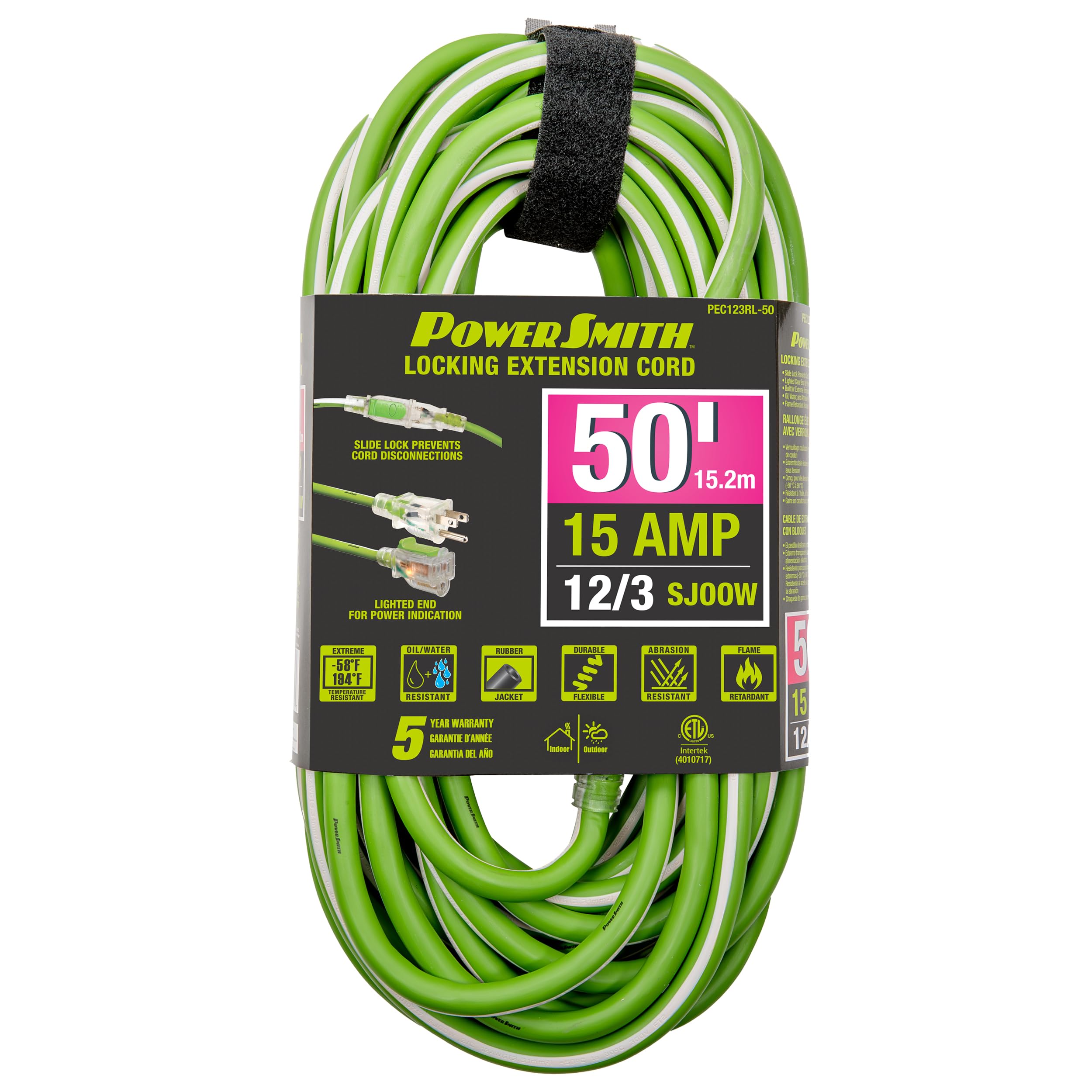 Heavy Duty Extension Cord 50 Ft. 12/3, Sjoow Indoor/Outdoor Lighted Locking End, 5 Year Warranty