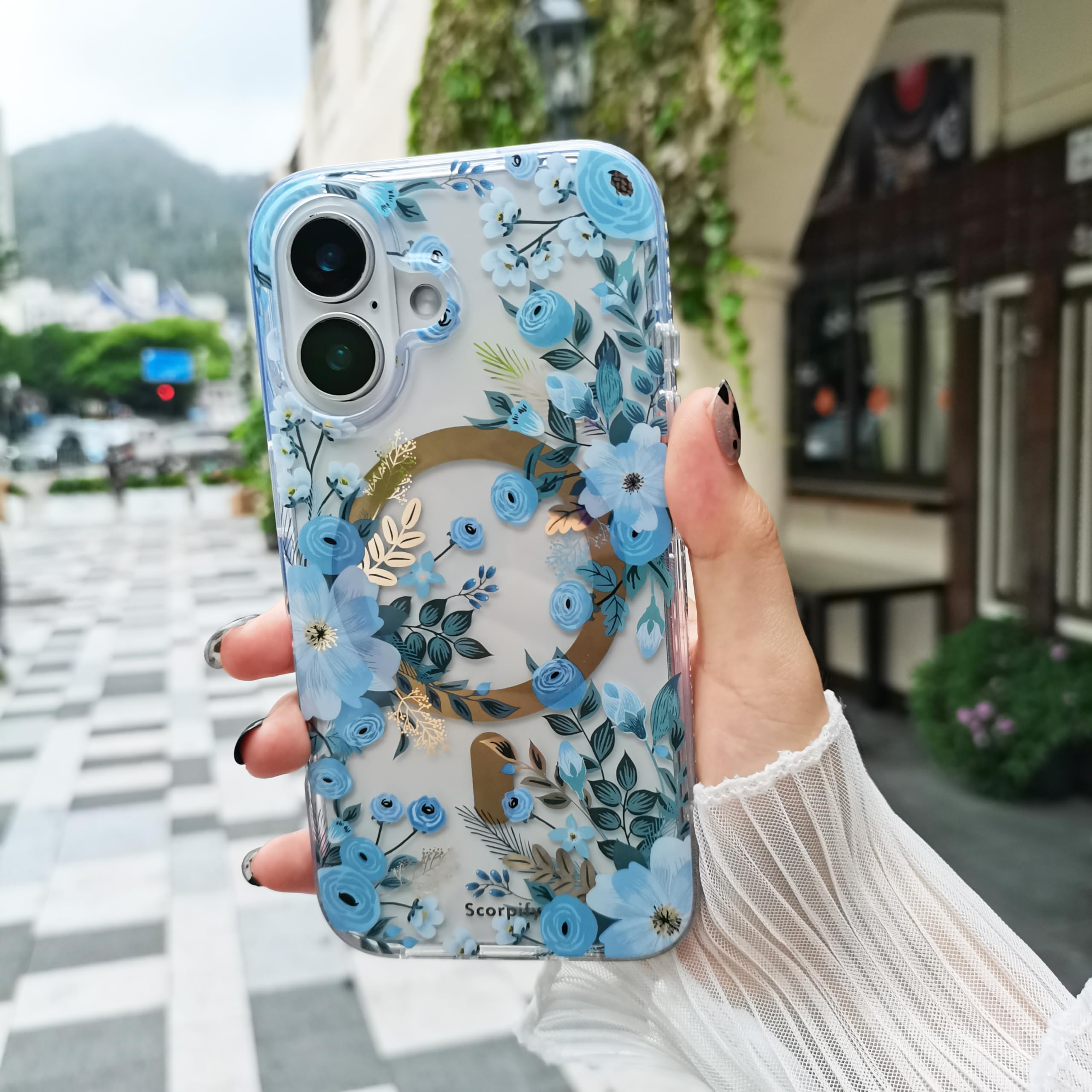 Scorpify For Iphone 16 Case [Compatible With Magsafe] With Blue Nemophila Floral Design, Cute Clear Flower Magnetic Phone Cover