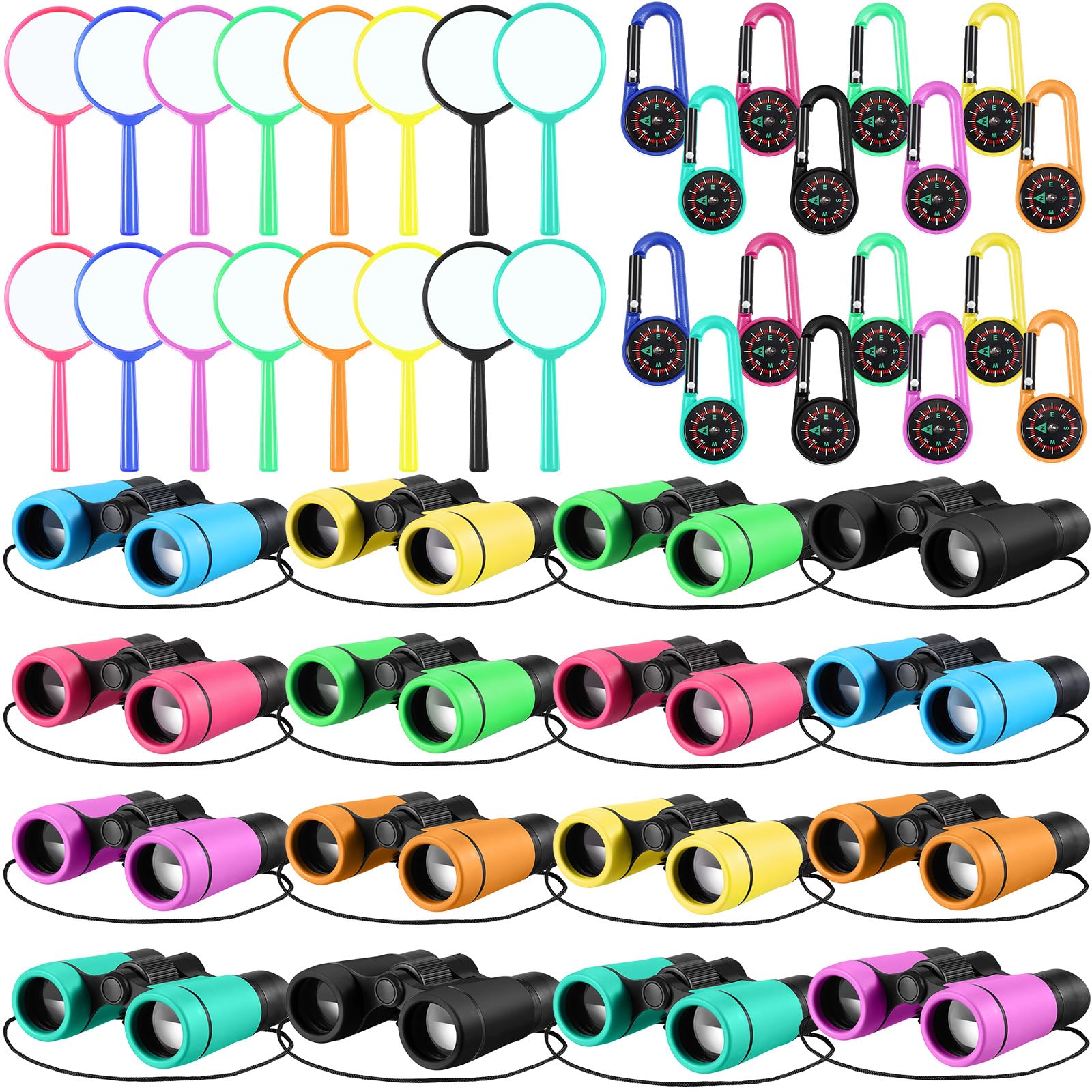 Hiboom 16 Set Kids Binoculars Bulk Shockproof Folding Children Mini Compact Binoculars Compass Magnifying Glass for 3-12 Years B