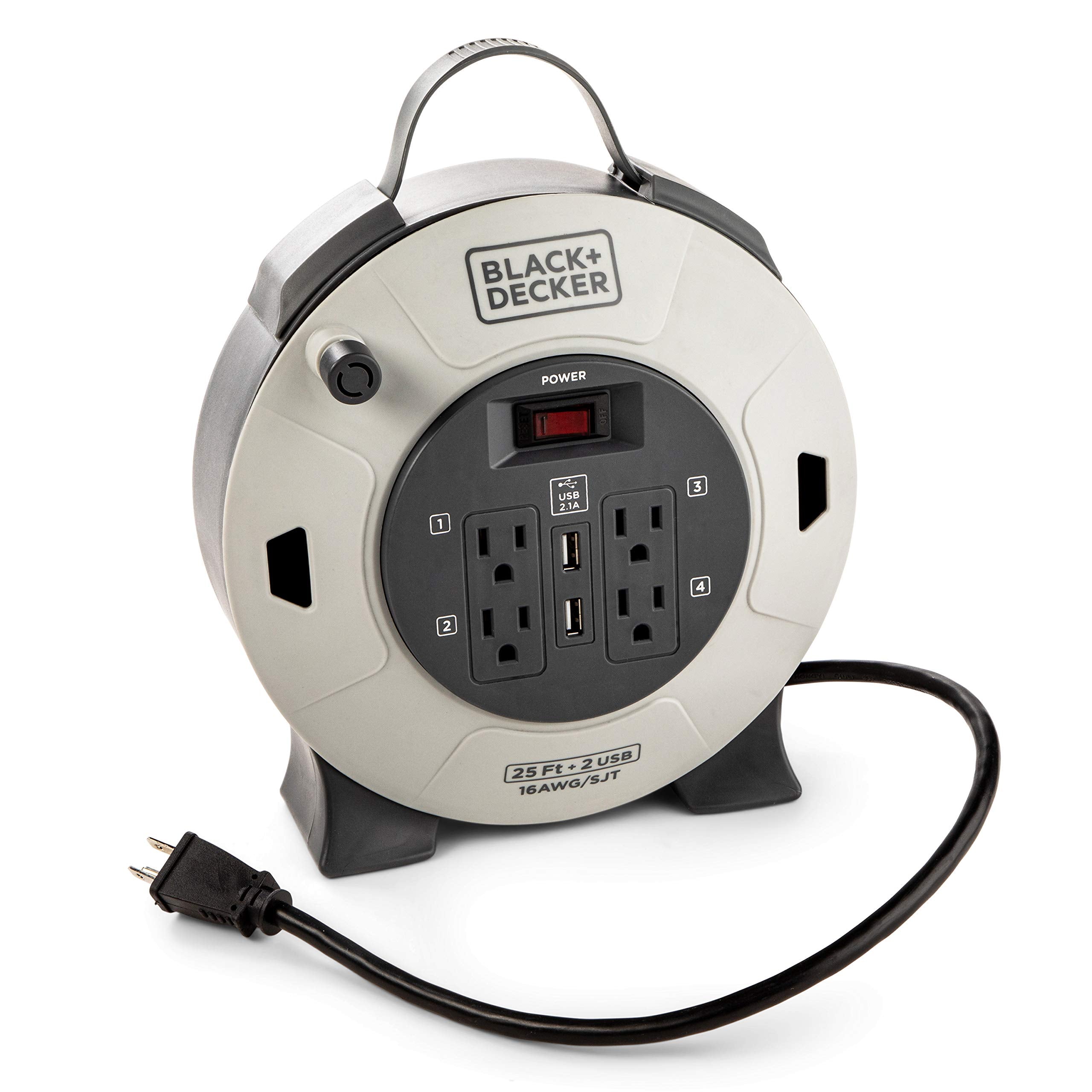 Black+Decker 25 Ft. Retractable Extension Cord Reel With 4 Outlets, 2 Usb Ports, Multi Plug Extension, On/Off Switch & Heavy Dut