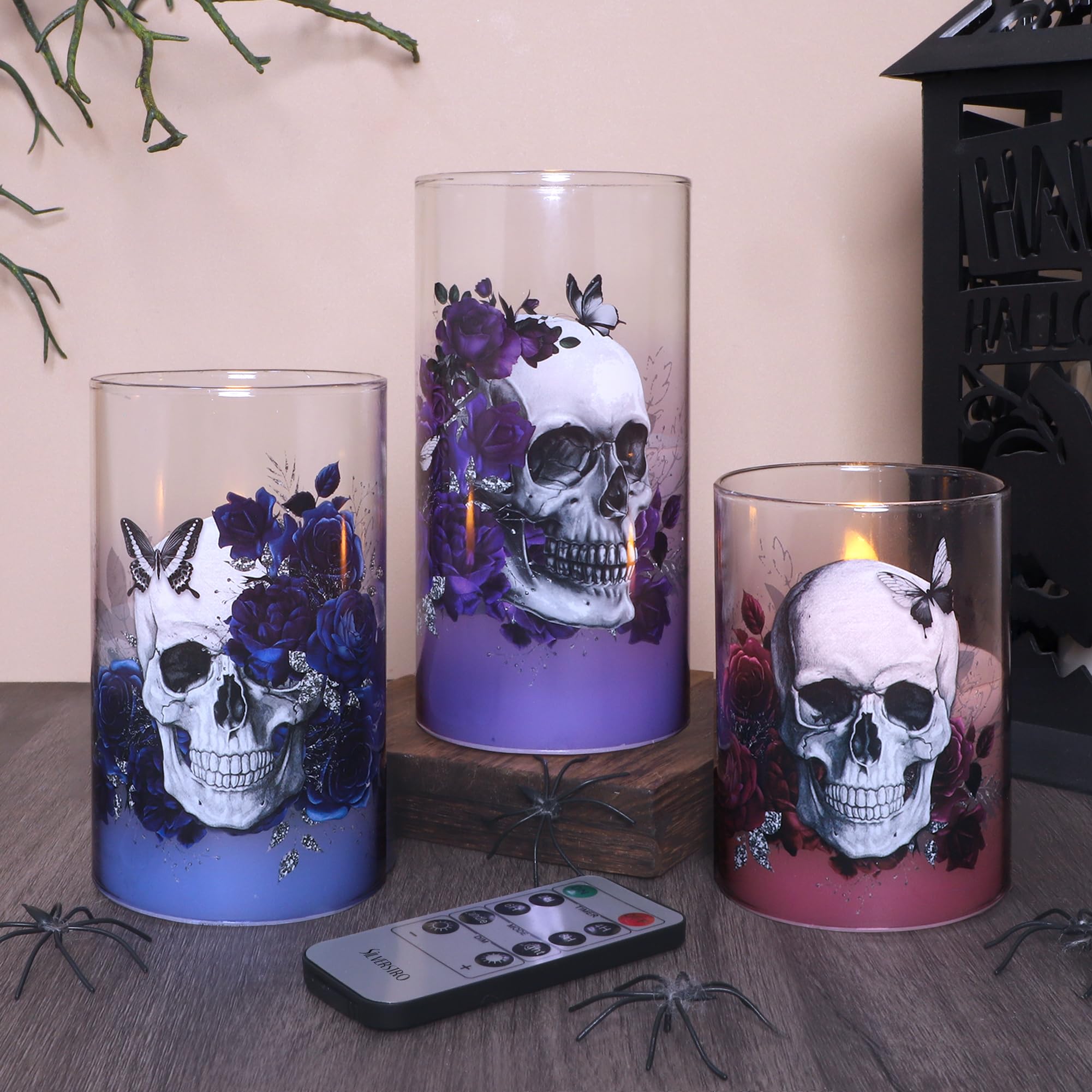 Silverstro Gothic Skull Flameless Candles Set With Remote Control Timer Function, 3-Piece Horror Theme Halloween Decorative Cand