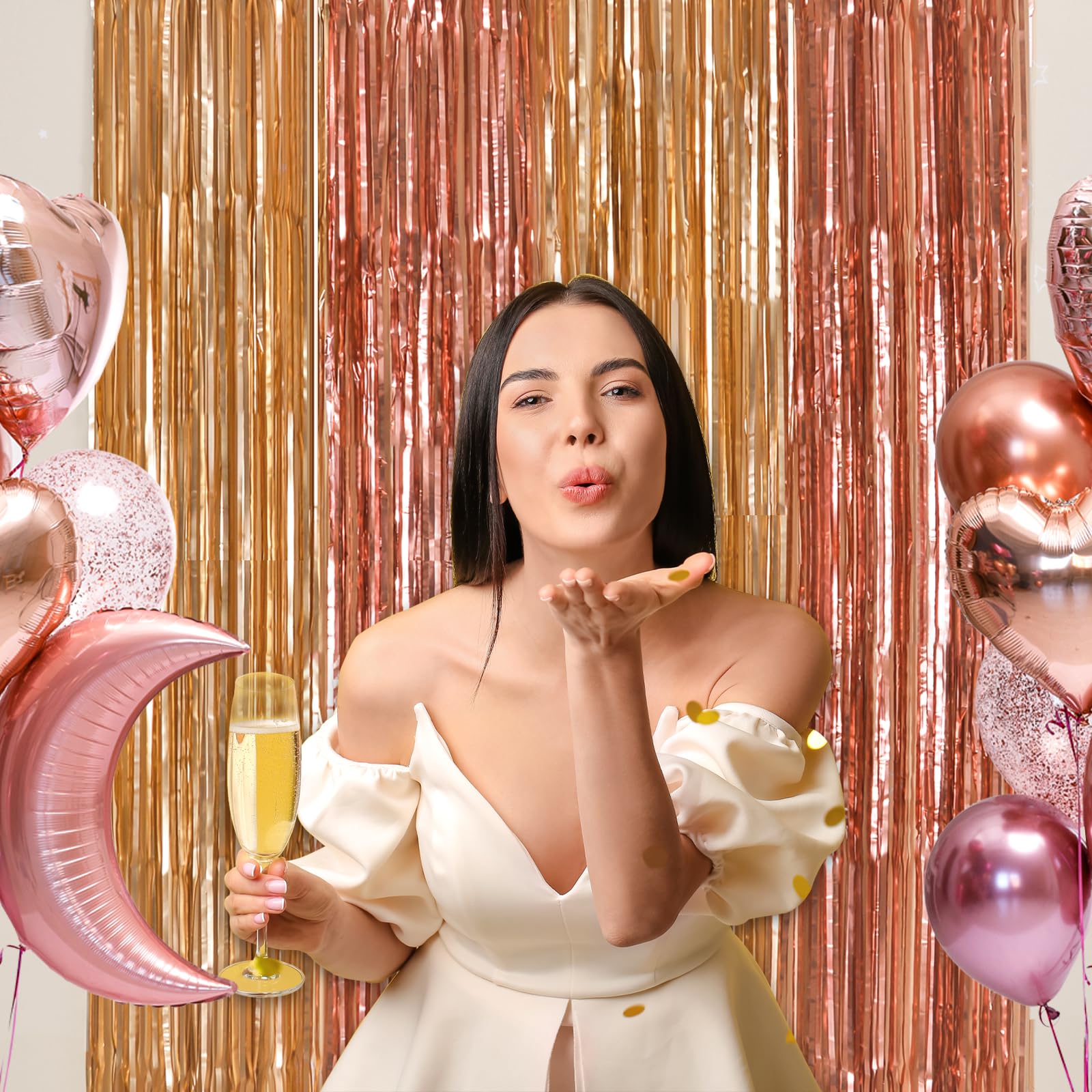 Lolstar 2 Pack Rose Gold Birthday Decorations, 3.3X6.6Ft Pink And Gold Foil Fringe Curtains, Tinsel Streamers Backdrop Photo Boo