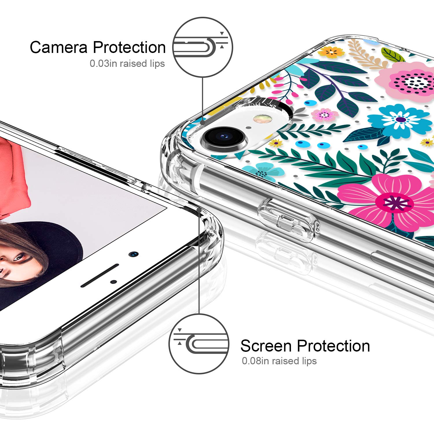 Icedio For Iphone Se 2022/2020, 8, 7 Case   Clear Tpu, Colorful Blooming Blossoms Design, With Screen Protector For Girls & Wome