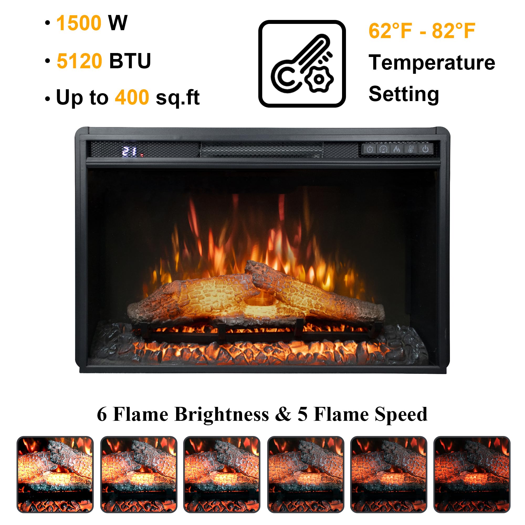 Rodalflame 26 Wide Electric Fireplace Insert, 6 Brightness Level, 5 Flame Speed, 62-82?, Timer & Remote Control, Indoor Fireplac