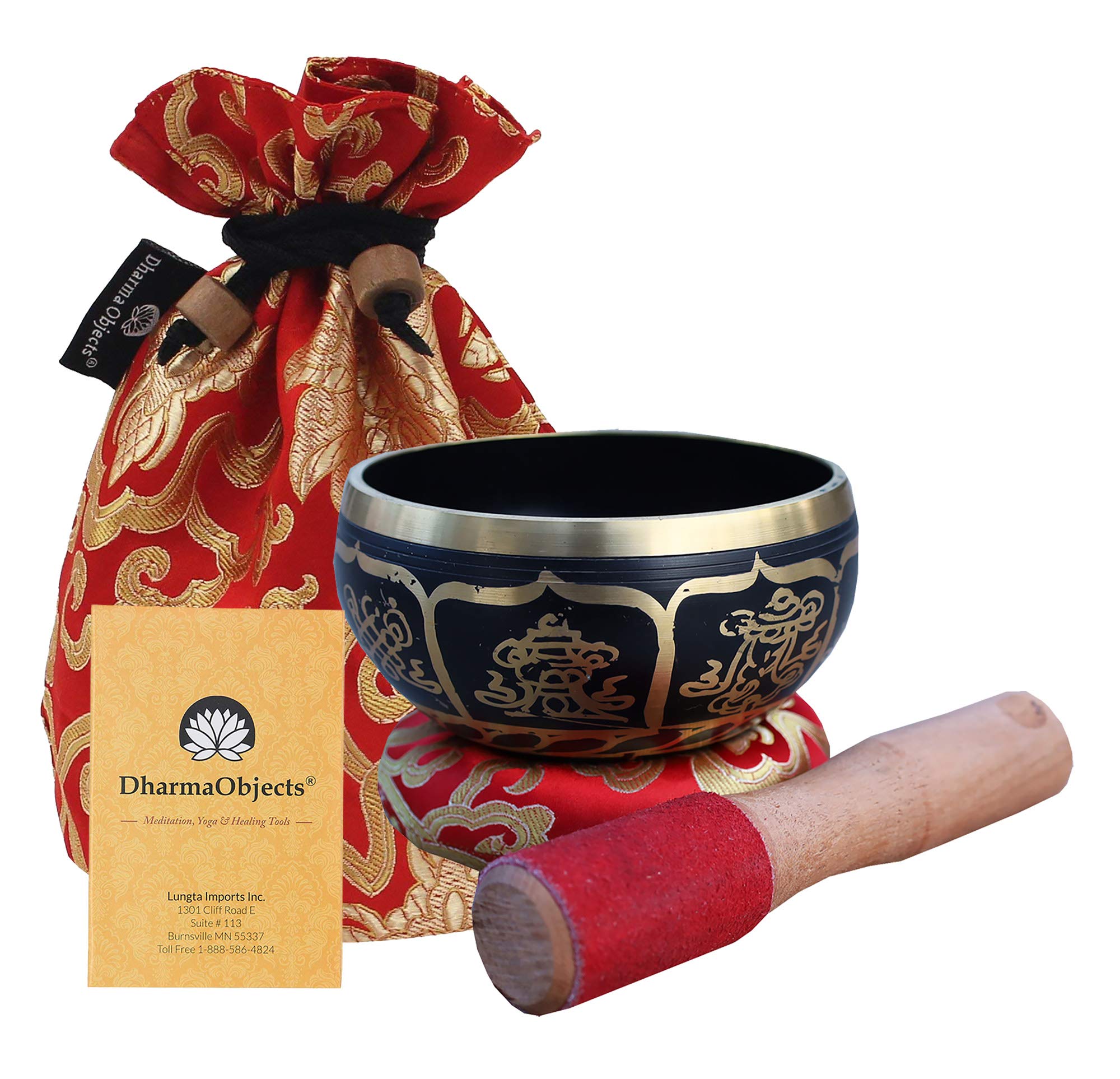 Dharmaobjects ~ Tibetan 8 Lucky Symbols Singing Bowl Set ~ With Mallet, Brocade Cushion & Carry Bag ~ For Meditation, Chakra Hea