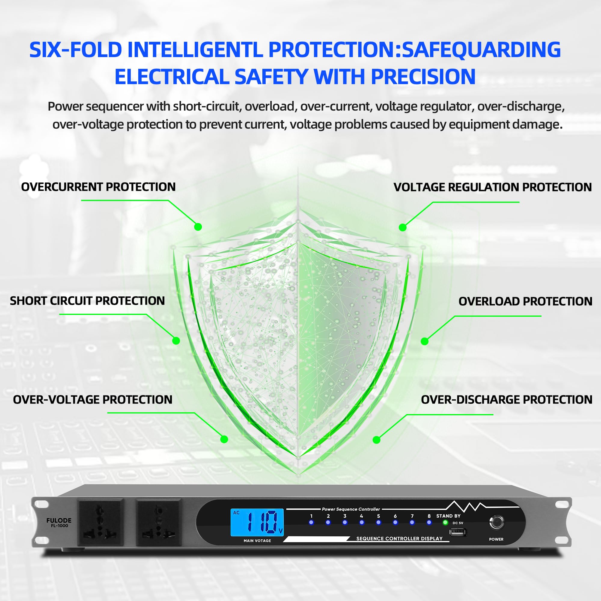 Fulode 2000W 10 Socket Sequential Rack Professional Audio Power Conditioning ,Digital Voltmeter, Usb, Surge Protector For Home T