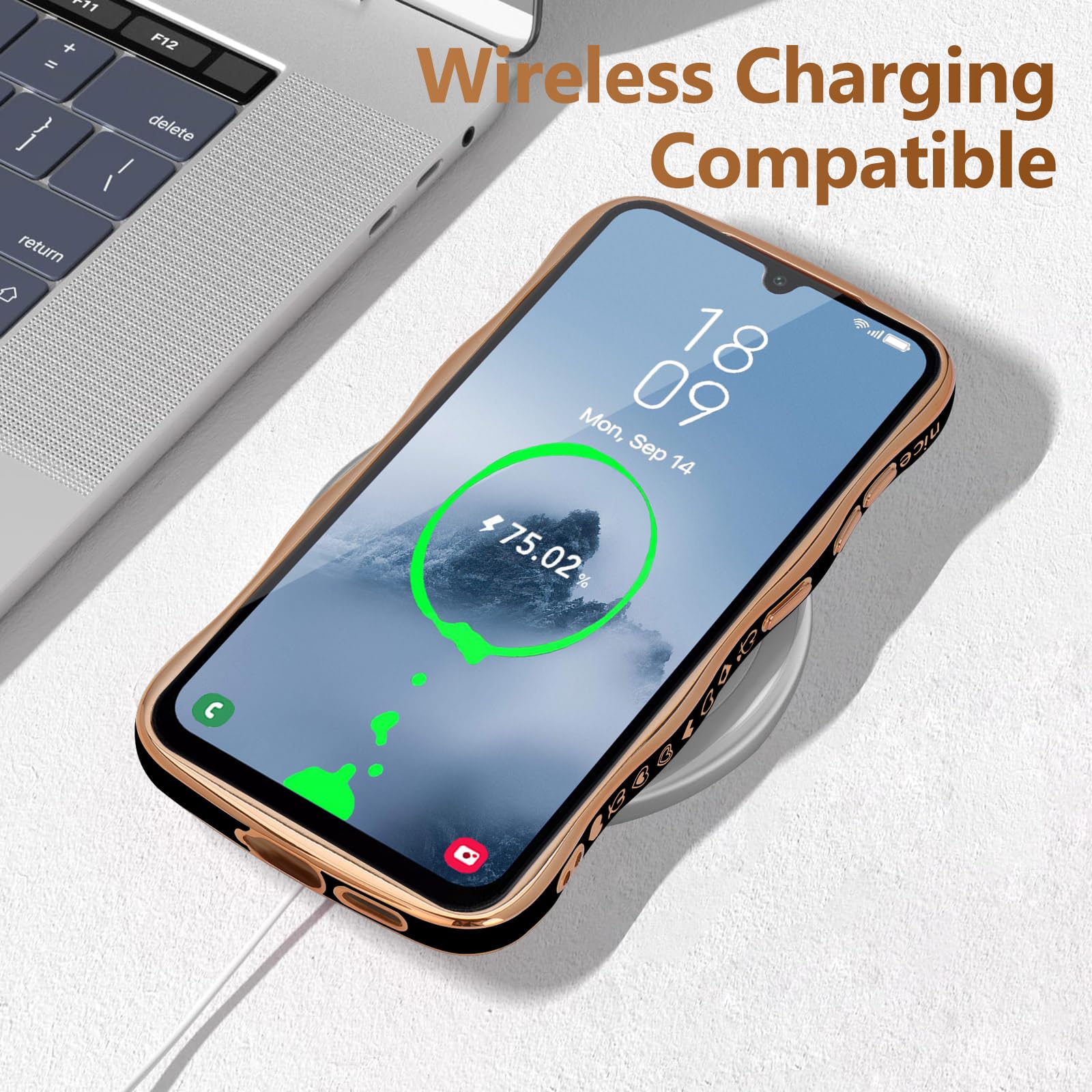 Lchulle For Samsung Galaxy A14 4G/5G Case For Women Girls, Cute Wave Frame Curly Shape With Love Heart Pattern Raised Camera Pro