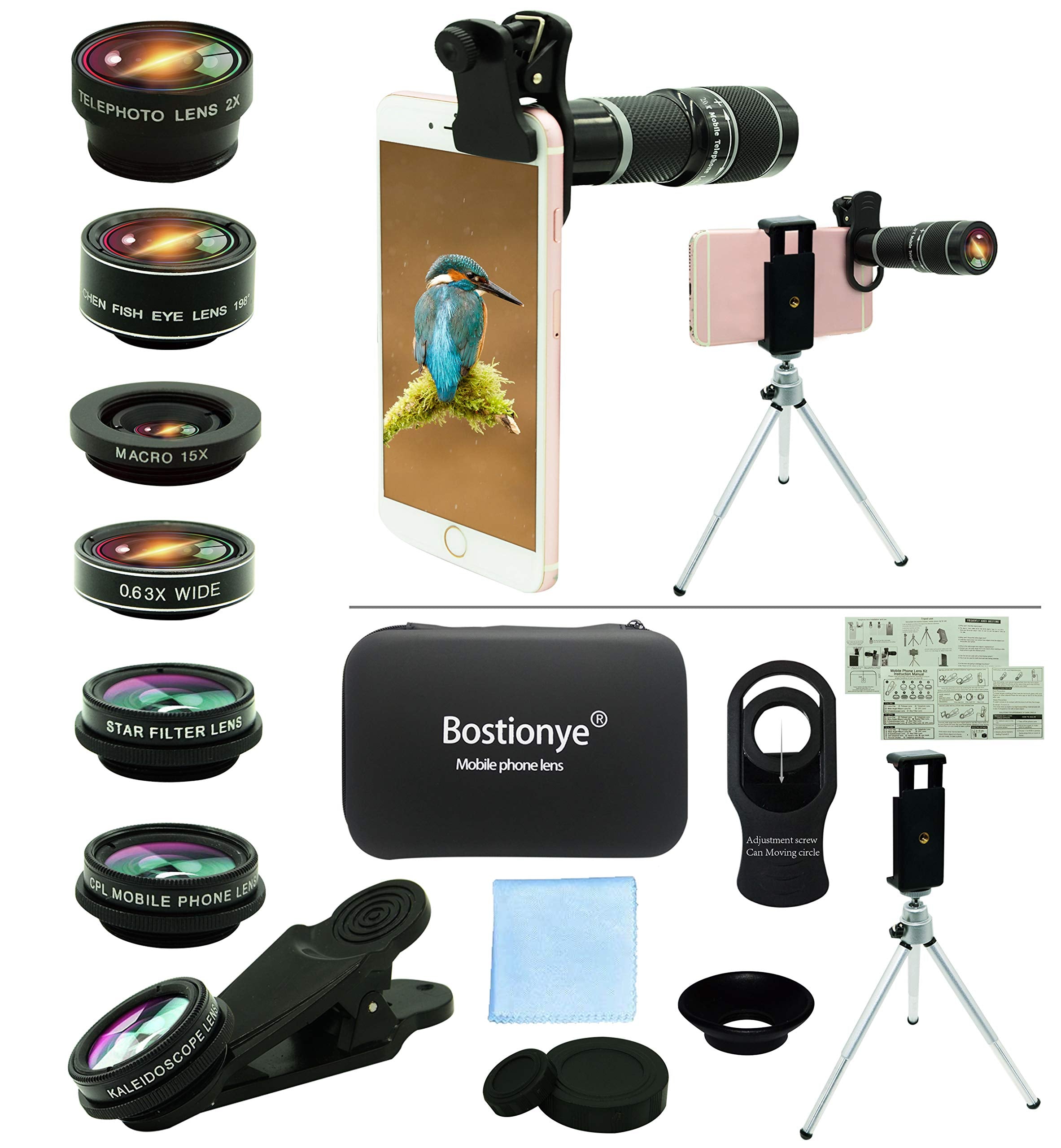 Cell Phone Camera Lens Kit,11 In 1 Universal 20X Telephoto 0.63Wide Angle 15X Macro 198�Fisheye 2X Telephoto Kaleidoscope Cpl Starlight Eyemask Tripod,For Most Iphone Smartphone (Black)