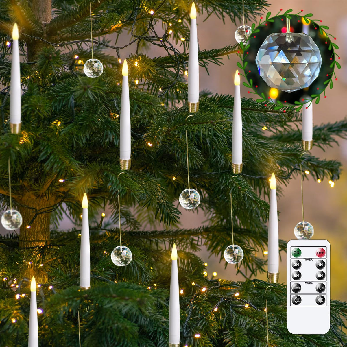 Mavandes Led Taper Candles With Clear Crystal Ball Hooks, Remote Timer White 12Pcs Plastic Flameless Candlesticks Flickering Bat