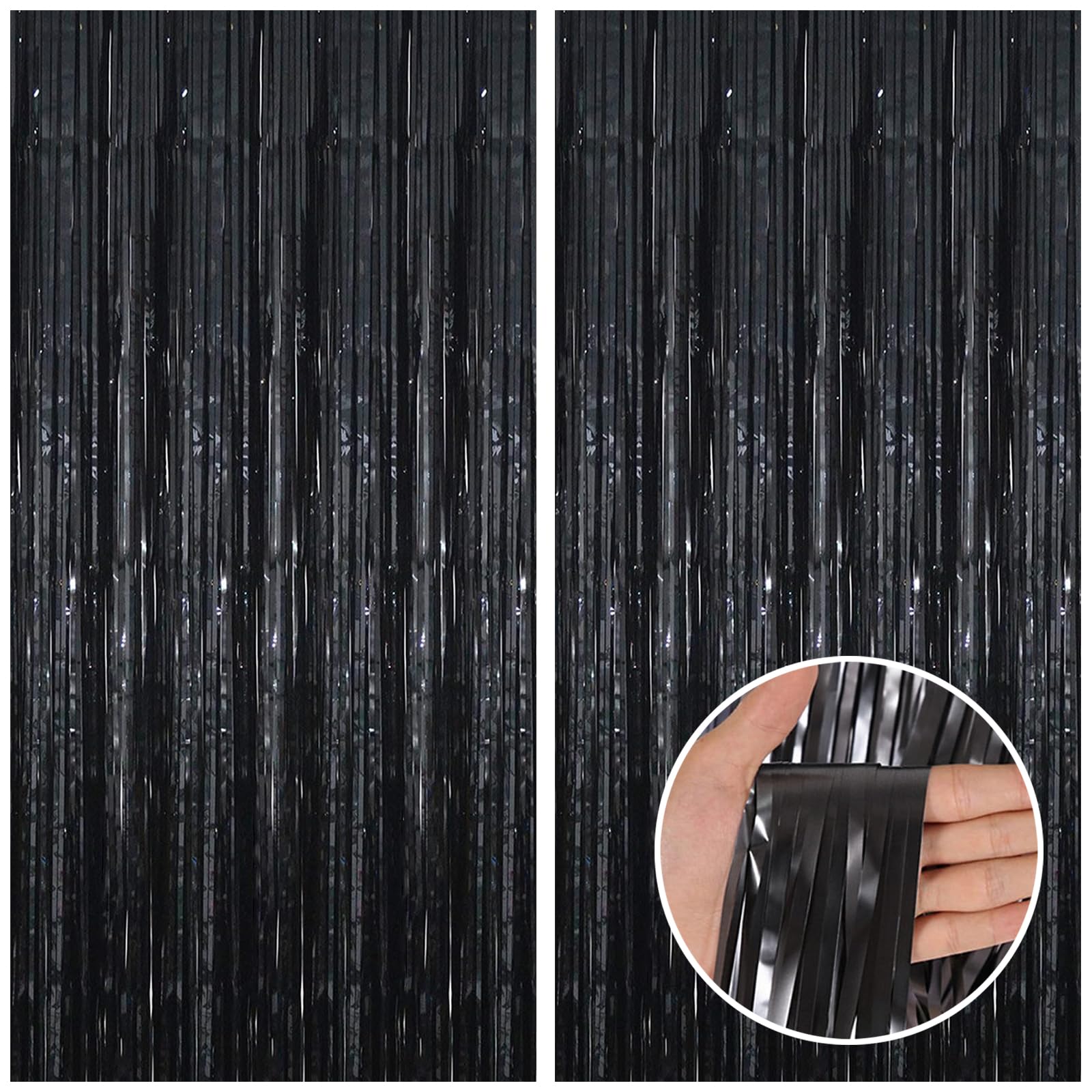 Canrevel 2 Pack 3.3X8.2 Feet Black Foil Fringe Backdrop Curtains, Tinsel Streamers Birthday Party Decorations, Fringe Backdrop F
