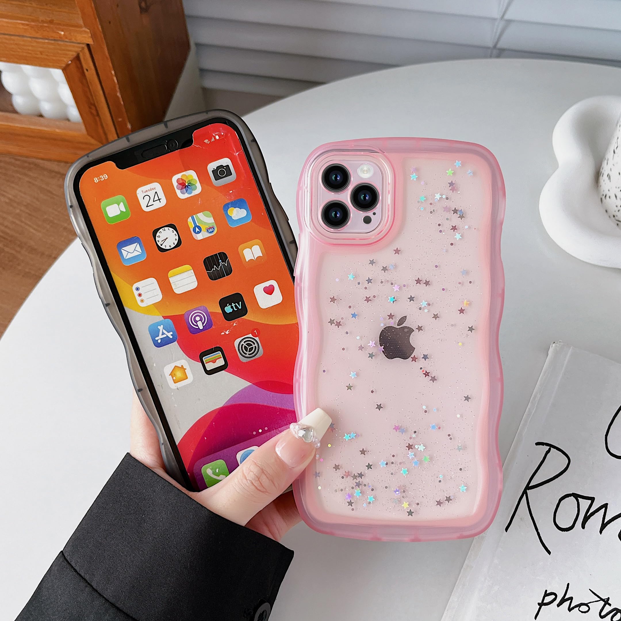 Qokey For Iphone 14 Plus Case 6.7'' Curly Wave Edge Design Transparent Bling Glitter Star Shiny Case Cute Clear Transparent Full