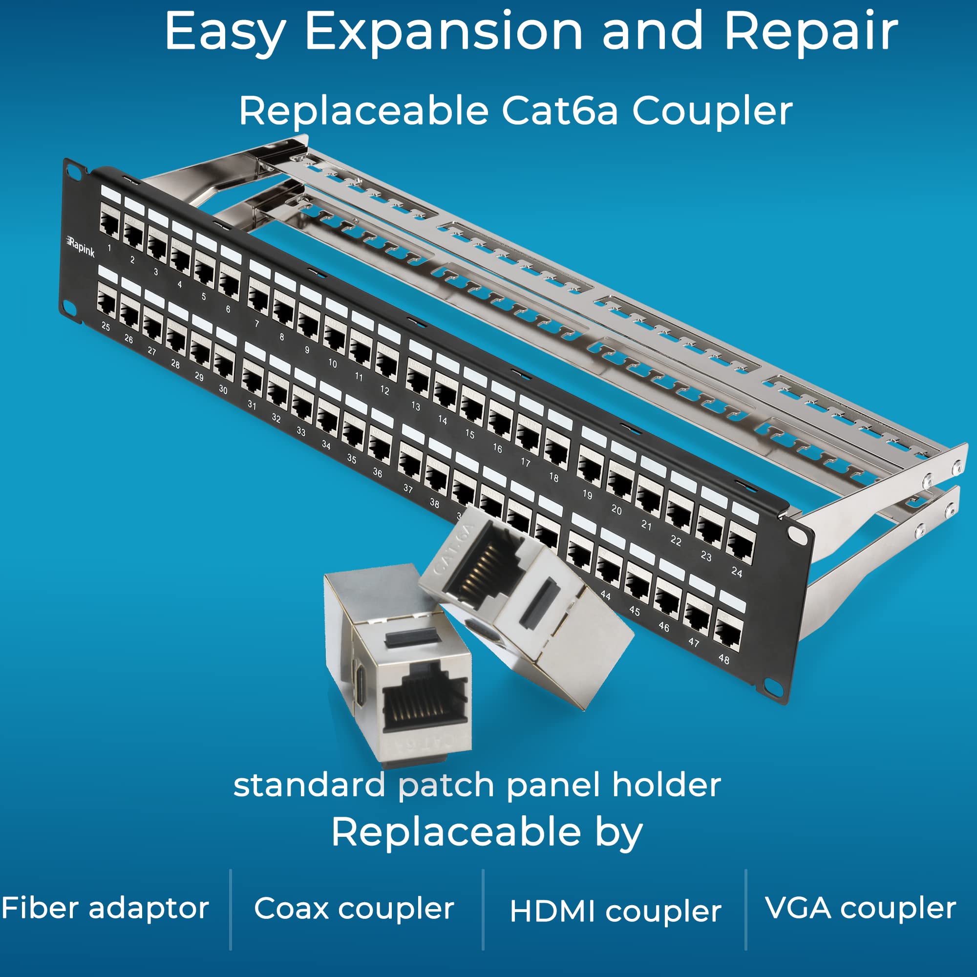 Rapink Patch Panel 48 Port Cat6A With Inline Keystone 10G Support, Coupler Patch Panel Stp Shielded 19 Inch With Removable Back Bar, 1U Network Patch Panel For Cat7, Cat6, Cat6A, Cat5E