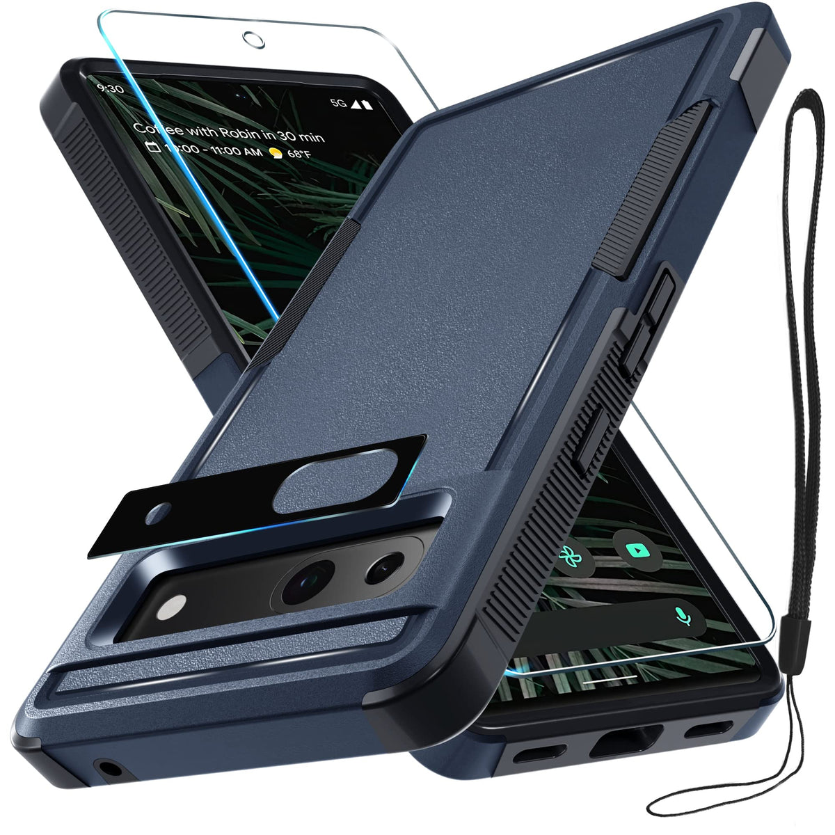 Rmocr Case For Google Pixel 7A, Full Body Heavy Duty Rugged Shockproof Protective Phone Cover With Lanyard Strap, Tempered Glass