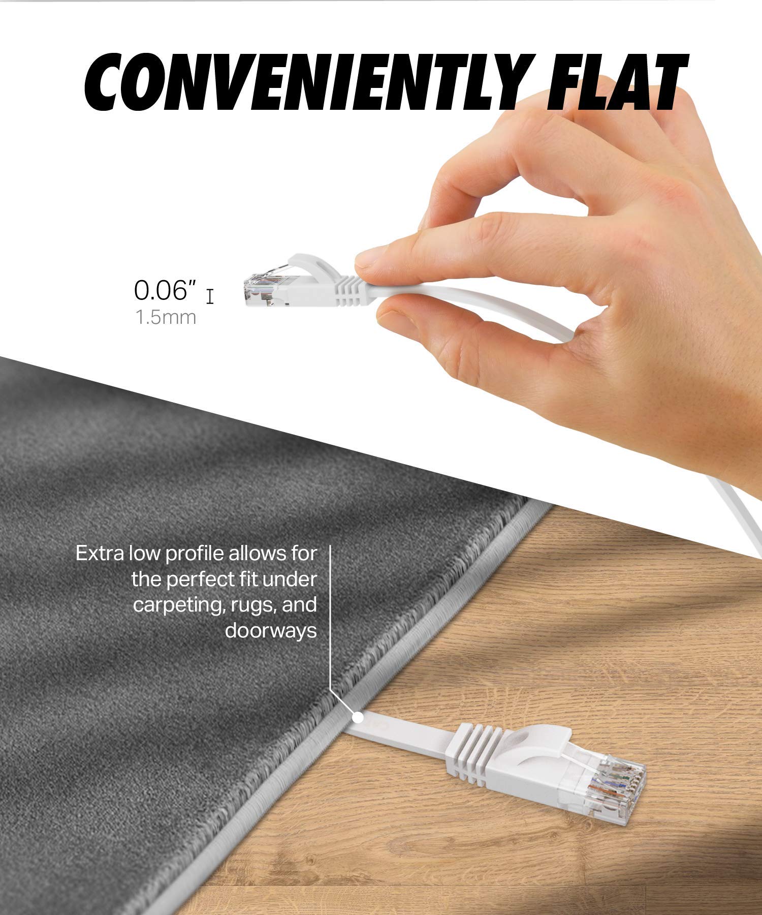 Ultra Clarity Cables Cat 6 Ethernet Cable, Flat 50 Feet Lan, Utp Cat 6, Rj45, Network Cord, Patch, Internet Cable   50 Ft   Whit