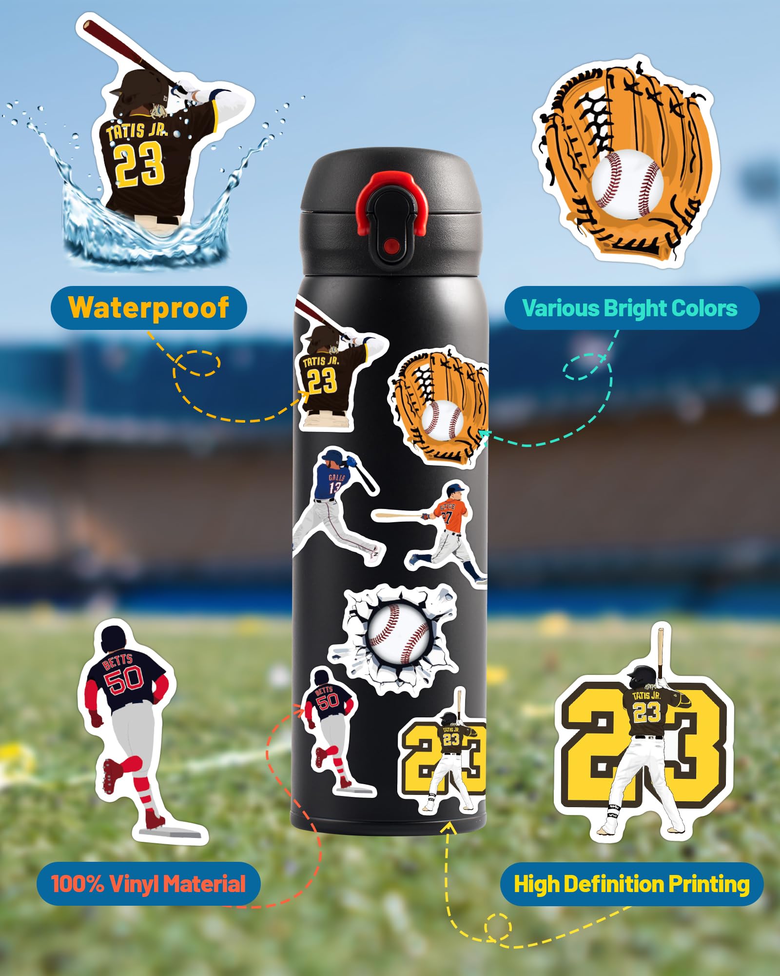 Pcnearty 100 Pcs Baseball Stickers For Kids, Water Bottle Stickers, Cute Vinyl Waterproof Hydroflask Phone Skateboard Laptop Sti