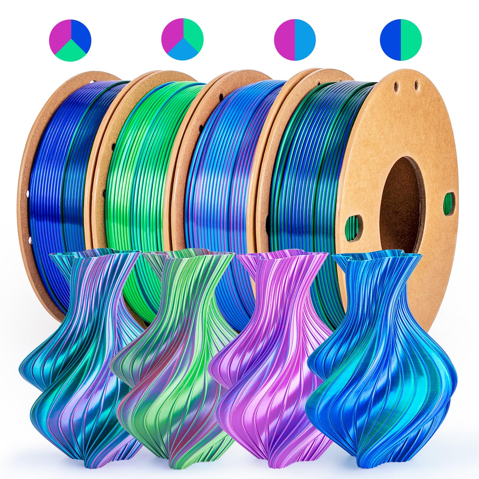 dikale Silk PLA+ Pro 1.75mm 3D Printer Filament - 4 Spool Multi-Color Bundle (250gx4) with Rose Red/Sky Blue/Green/Dark Blue- Tr