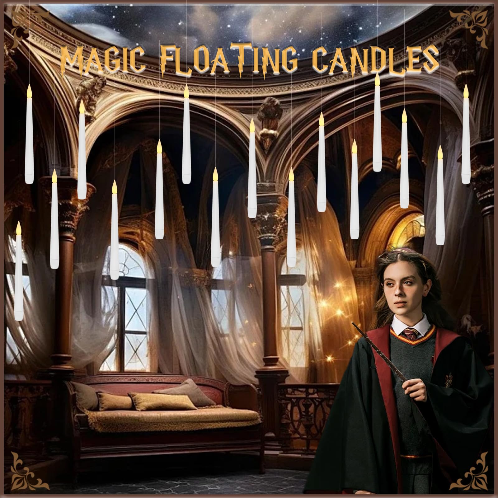 Lezonic Floating Candles With Wand Remote, Set Of 12 Magic Flameless Candles Battery Operated, Flikering Hanging Led Taper Candl