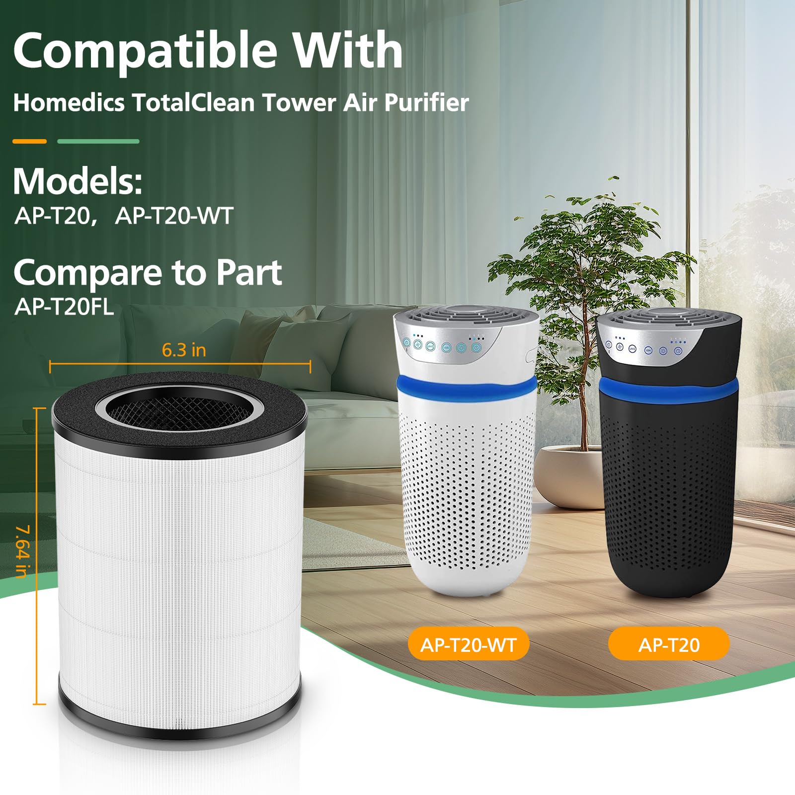 Ap T20Fl Replacement Filter For Homedics Ap T20 And Ap T20Wt Air Purifie R, 3 In 1 H13 True Hepa Ap T20 Filter, 2 Pack