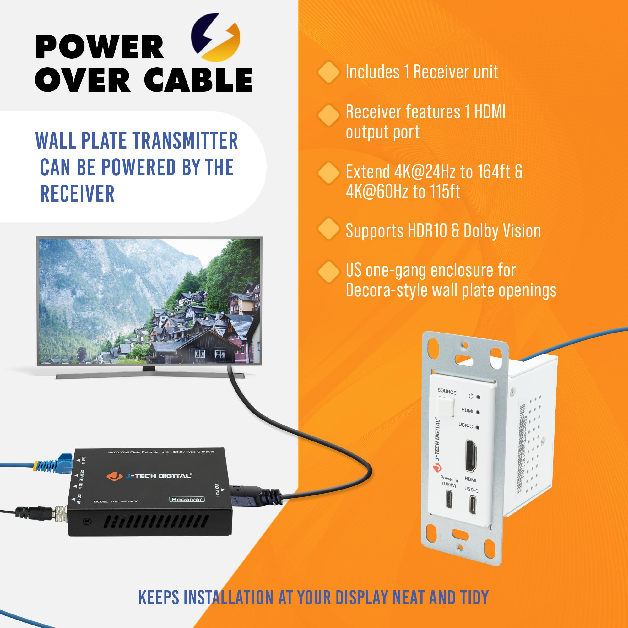 J-Tech Digital 4K Hdmi & Usb C Extender Over Single Cat5 5E 6 7 Cable, Up To 164Ft Wall Plate Over Ethernet Hdr Dolby Vision Usb