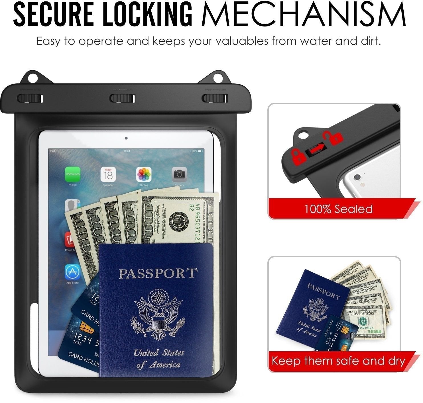 AICase Universal iPad Waterproof, Dry Bag Pouch for iPad Pro 10.5, New iPad 9.7 2017/2018, iPad Pro 9.7, iPad Air/Air 2, Tablets up to 11.5 Inch (Black)