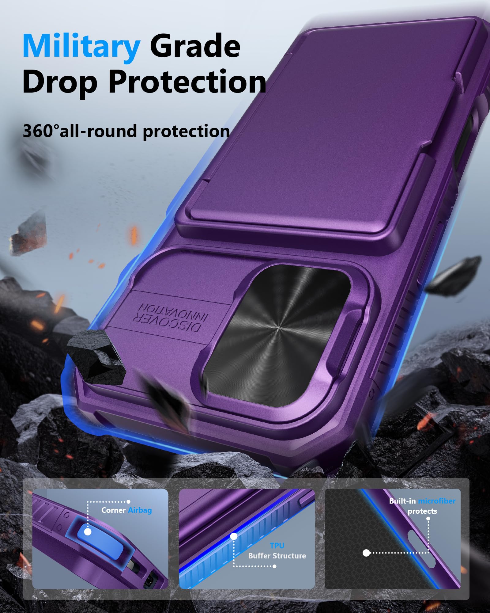 Atatoo For Iphone 16 Case Wallet With Card Holder (Store 3 5 Cards) & Slide Lens Cover, Military Grade Protection, Rugged Shockp