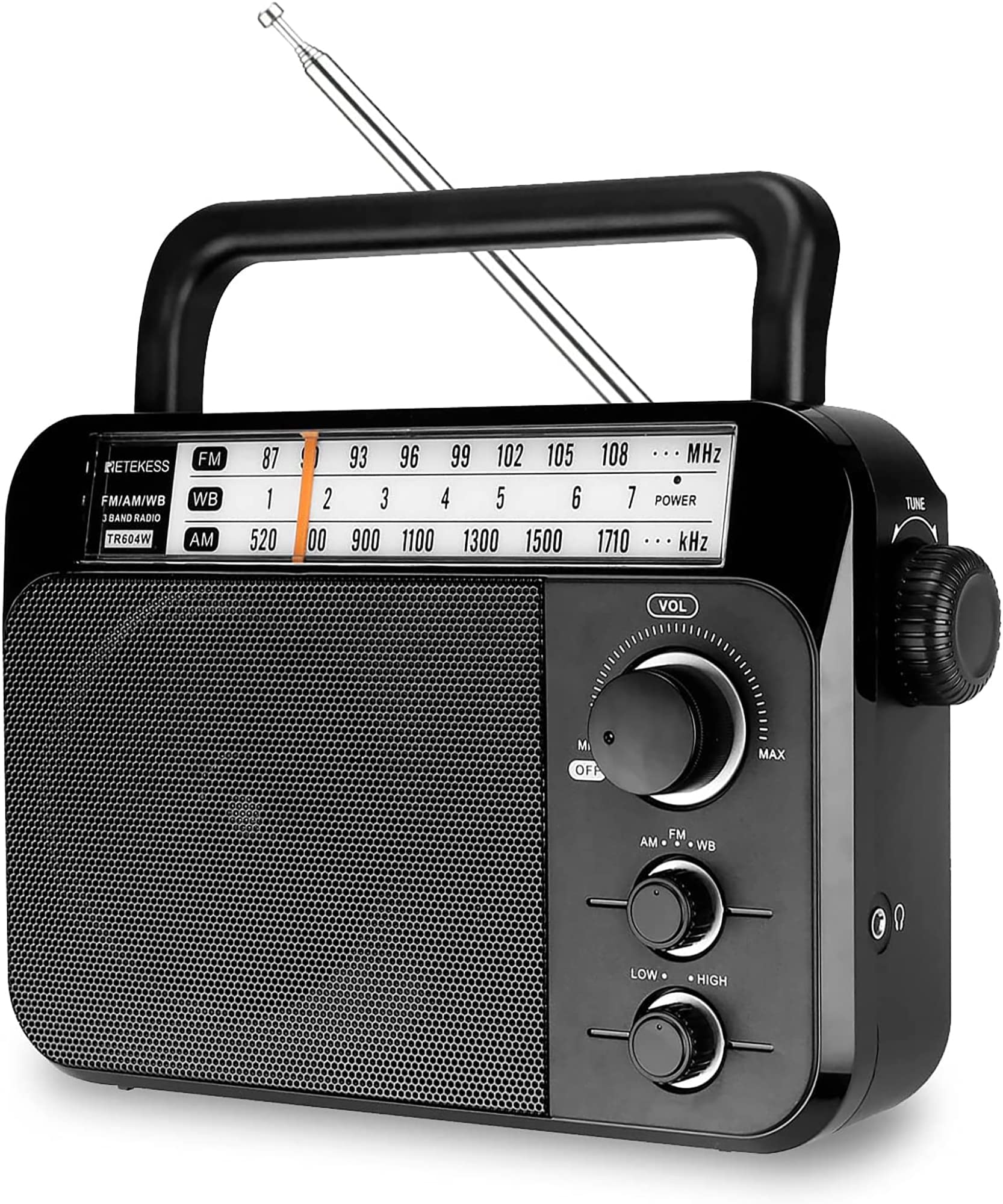 Retekess Tr604W Am Fm Noaa Radio, Portable Emergency Weather Radios With Best Reception, Ac Or D Battery Powered, With Clear Dial And Large Knob, Suit For Home (Black)