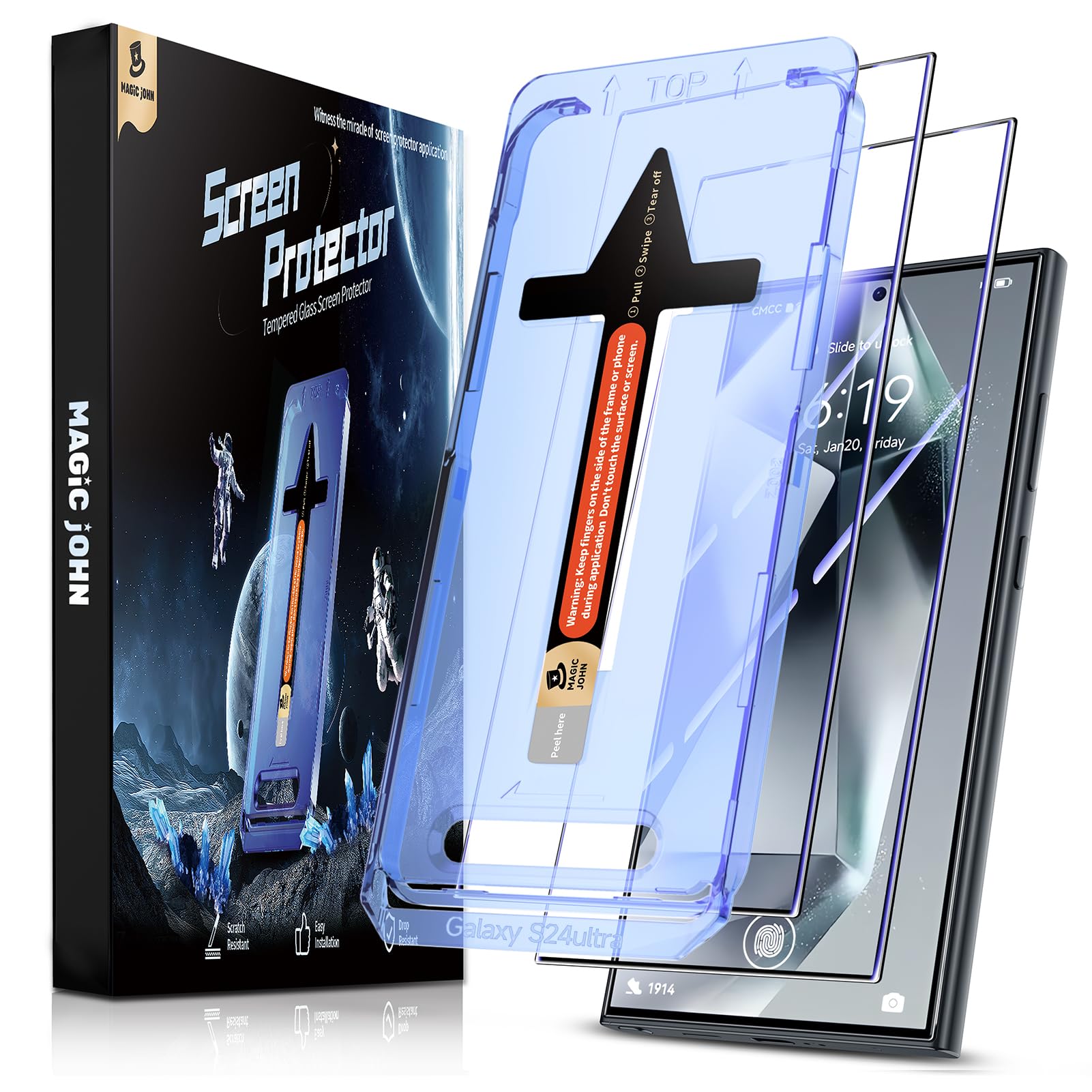 Magic John 2 Pack For Samsung Galaxy S24 Ultra Tempered Glass Screen Protector, Auto Dust Elimination Installation, Bubble Free,