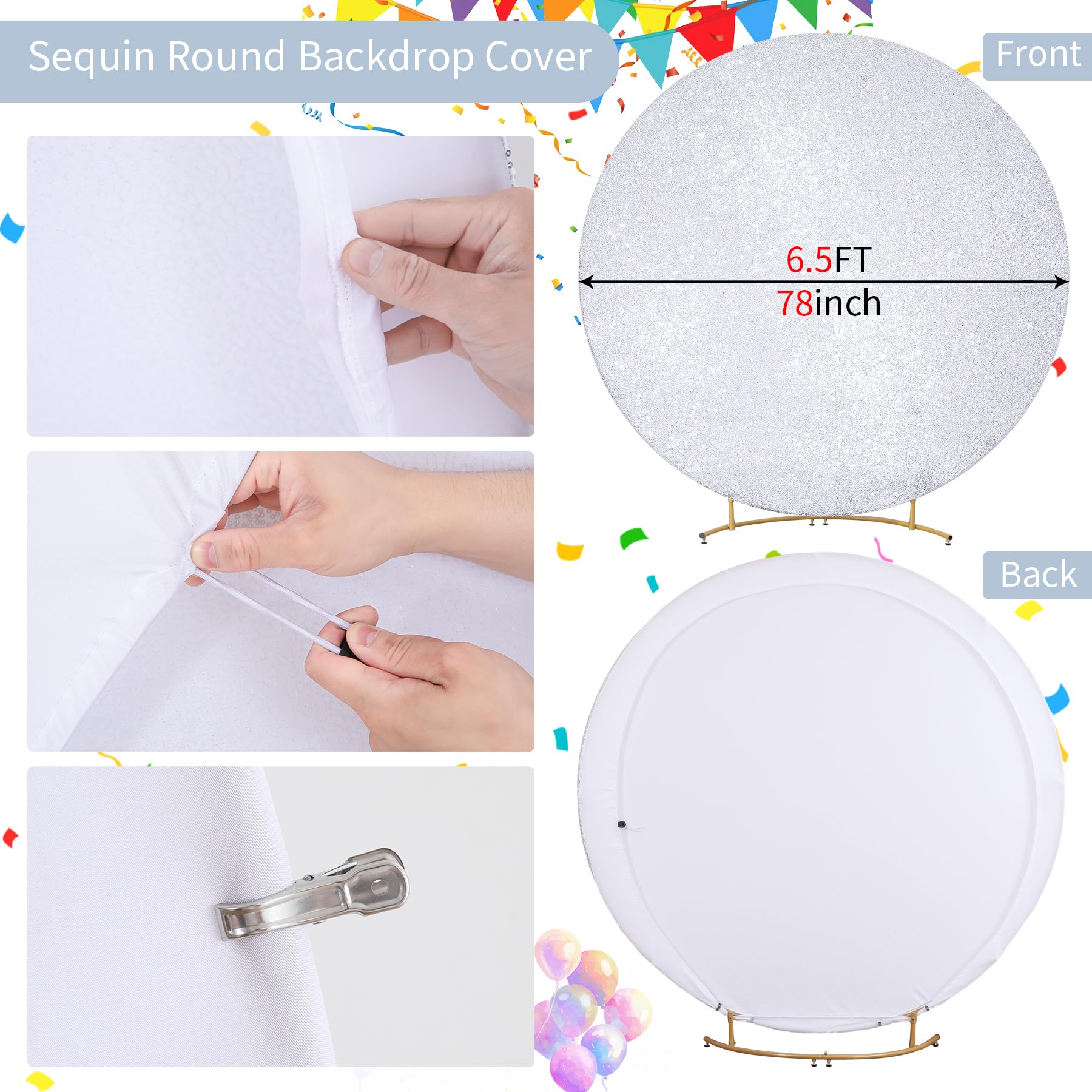 Silver Sequin Round Backdrop Cover 6.5Ft Glitter Circle Backdrop Cover Beautiful Sparkle Photo Backdrop Balloon Arch Cover For B