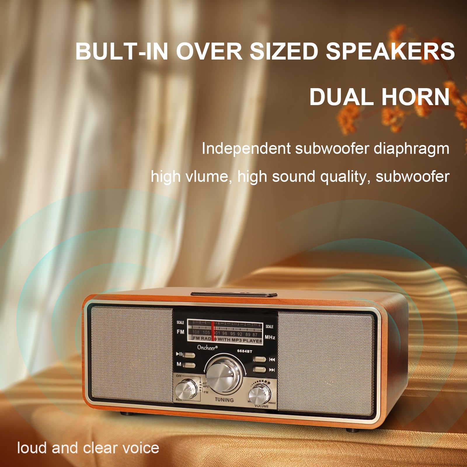 Oncheer Retro Vintage Fm Radio For Home, Wood Speaker Radios With Bluetooth Tws Pairing, Dual Horns Loud Sound, Battery Powered,