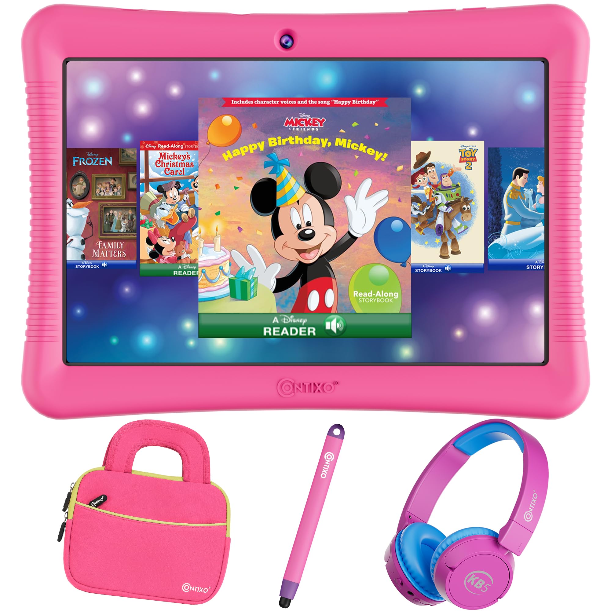 Contixo 10' Android Kids Tablet Bundle   32Gb, 80+ Disney Storybooks & Stickers, Parental Controls, Kid Proof Case With Kickstand & Stylus, Headphones & Sleeve Bag (2024 Model)   Pink