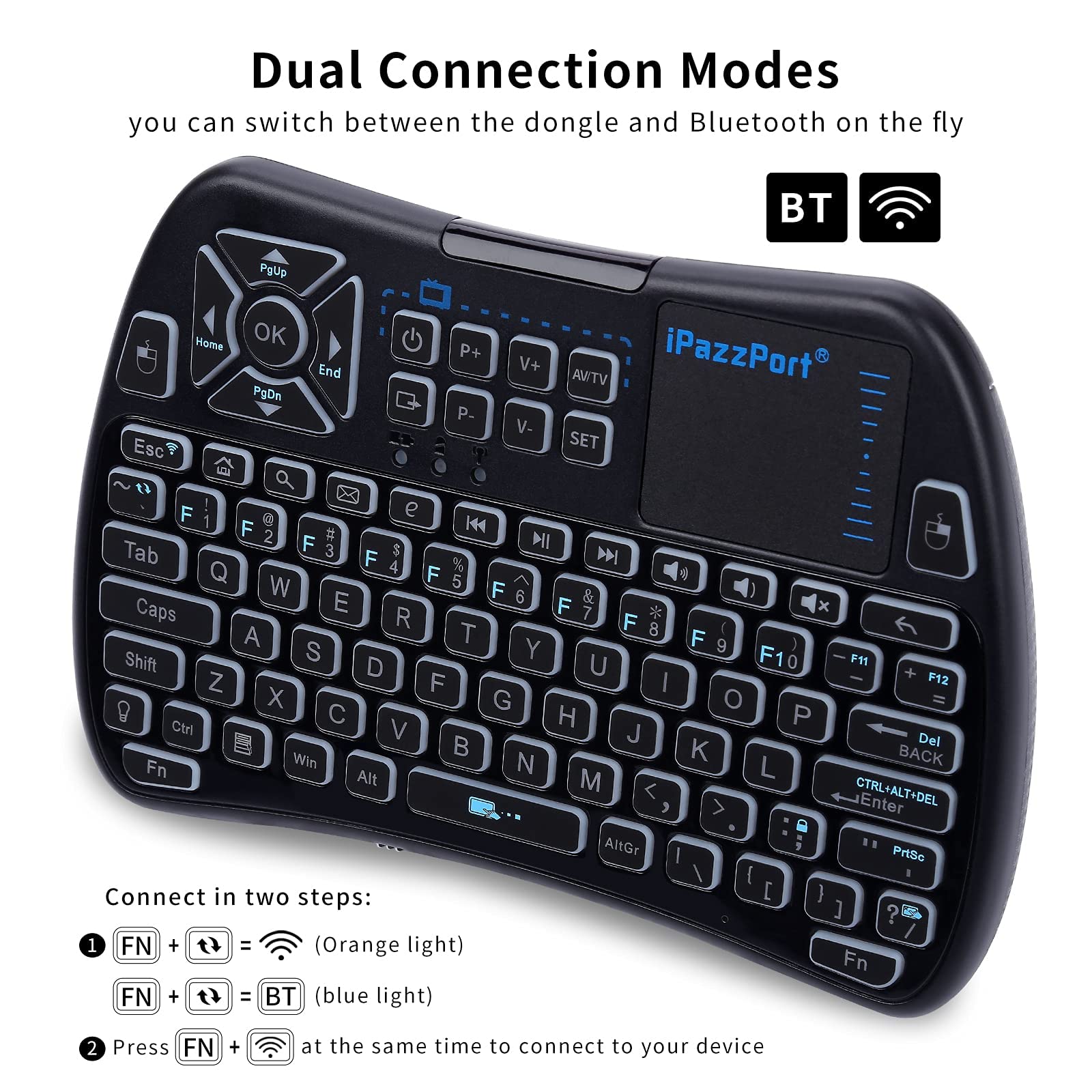Ipazzport Bluetooth Mini Keyboard (Ir Learning) Touchpad Mouse, Backlit 2.4Ghz Wireless Keypad Remote Controller For Tablets, Sm