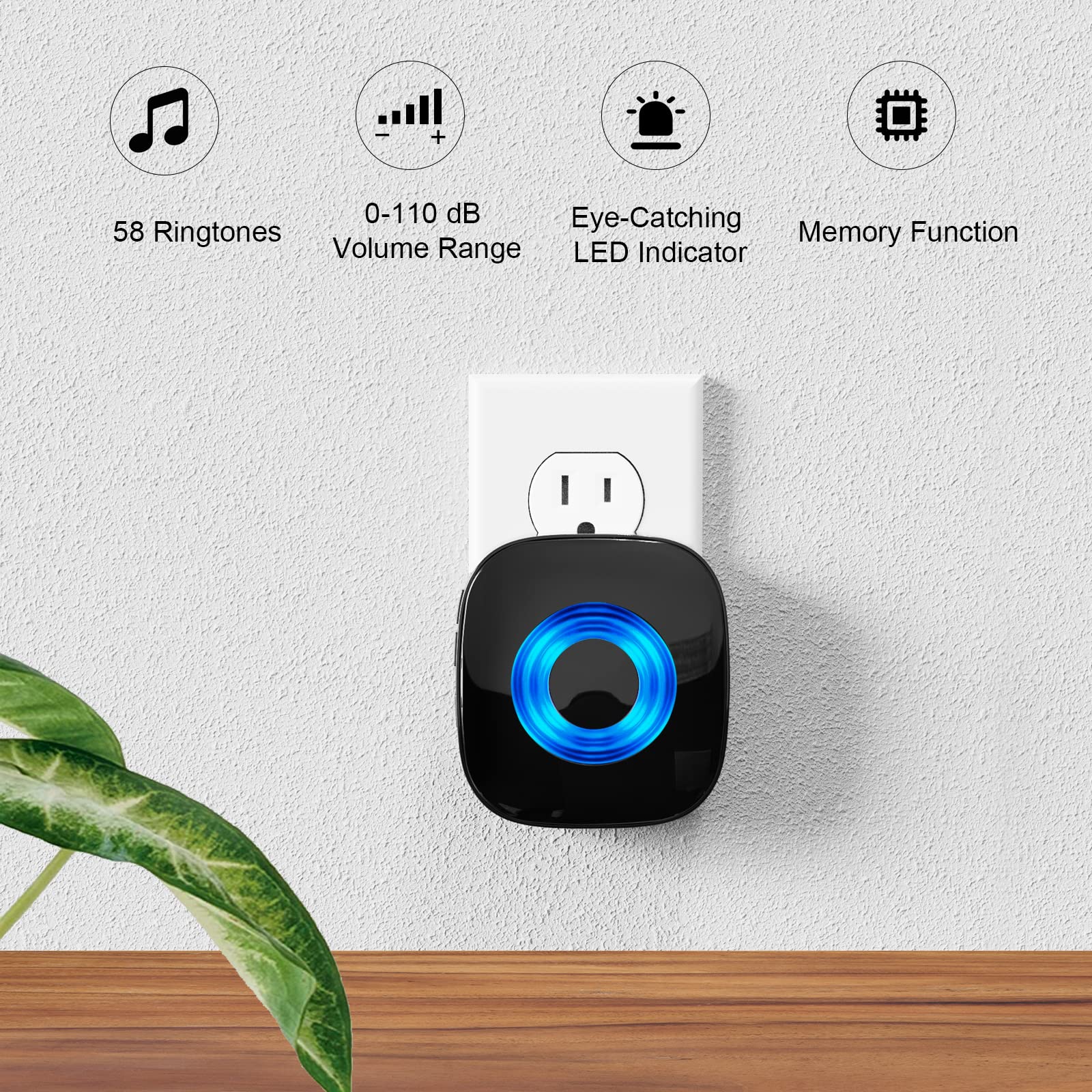 PHYSEN Wireless Doorbell Kit - 58 Ringtones, 5 Volume Levels, 1300-ft Range, 2 Transmitters, 3 Receivers, Black, Model CWUSW
