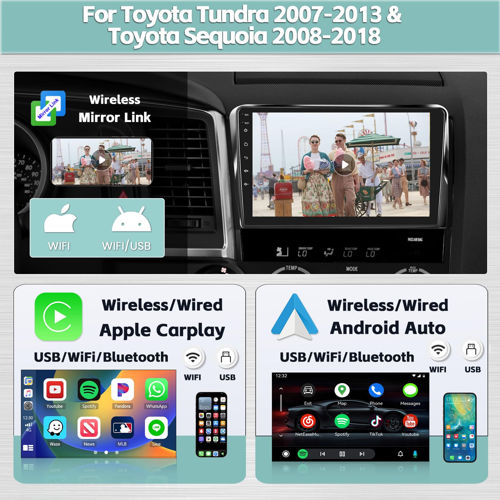 10.1 Inch Android 13 Car Stereo For Toyota Tundra 2007-2013 & Toyota Sequoia 2008-2018, 8 Core+4Gram + 64Grom, 1280X720 Touchscr