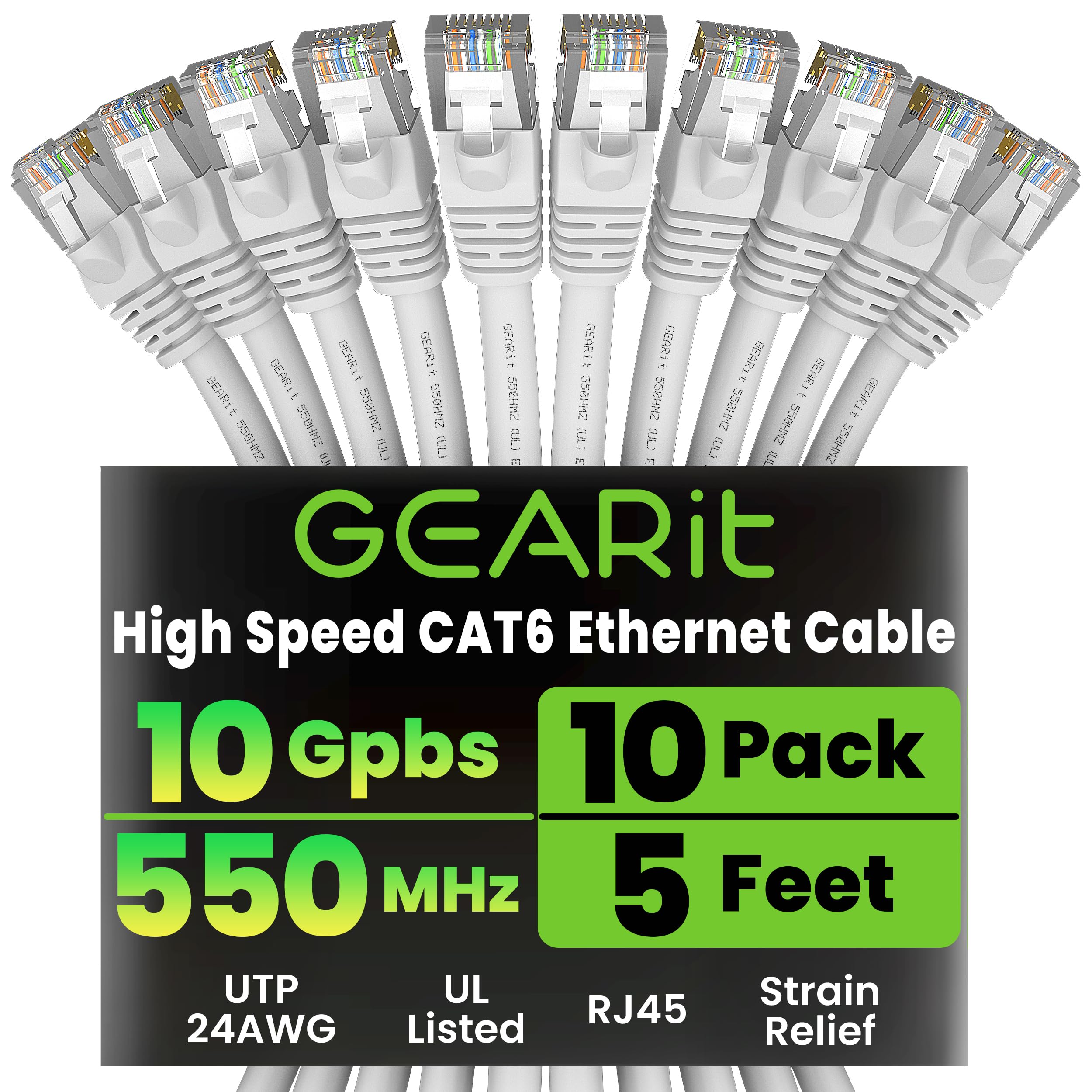 GEARit Cat 6 Ethernet Cable (10-Pack 5 Feet) Cat6 Network Patch, 10Gbps, RJ45, Snagless Cord, Gold-Plated Connectors, Internet f