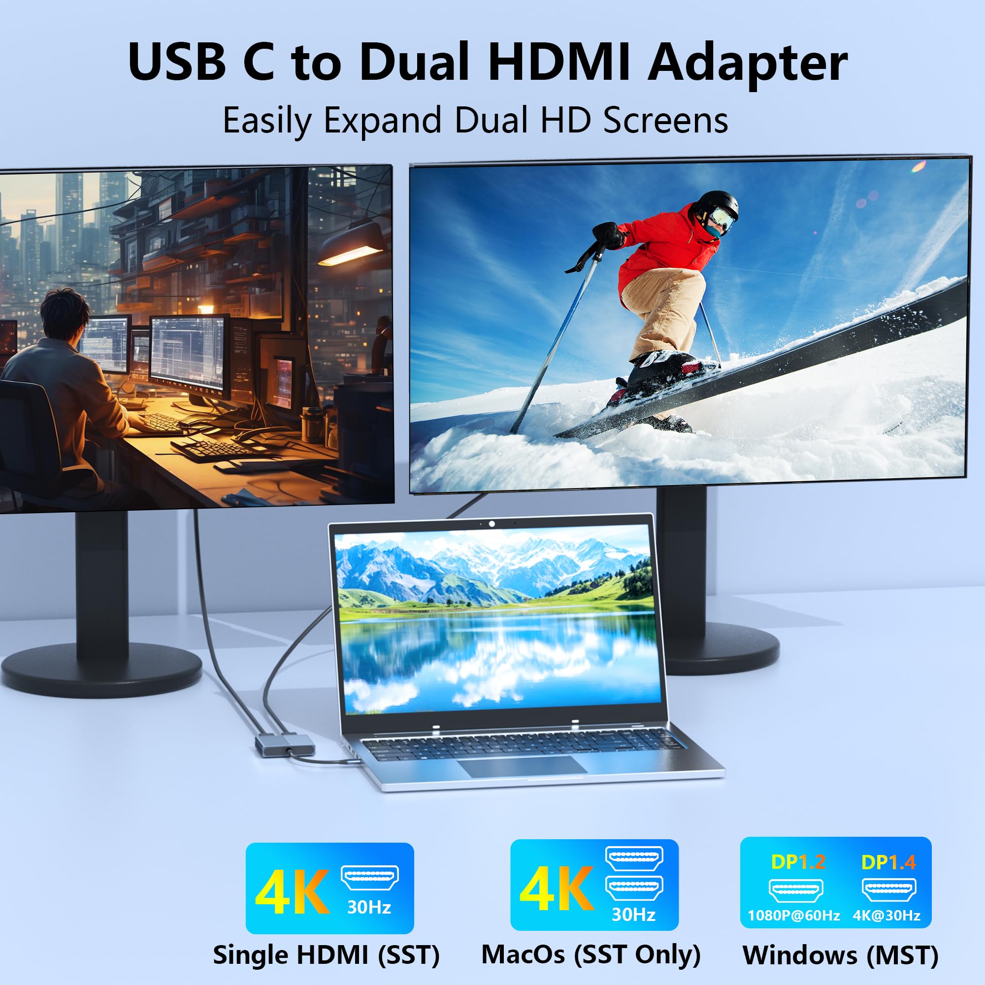 Usb C To Dual Hdmi Adapter For Dell/Hp/Macbook, Hdmi Splitter Extended Display, 4K Dual Hdmi Adapter For 2 Monitors, Dual Monito
