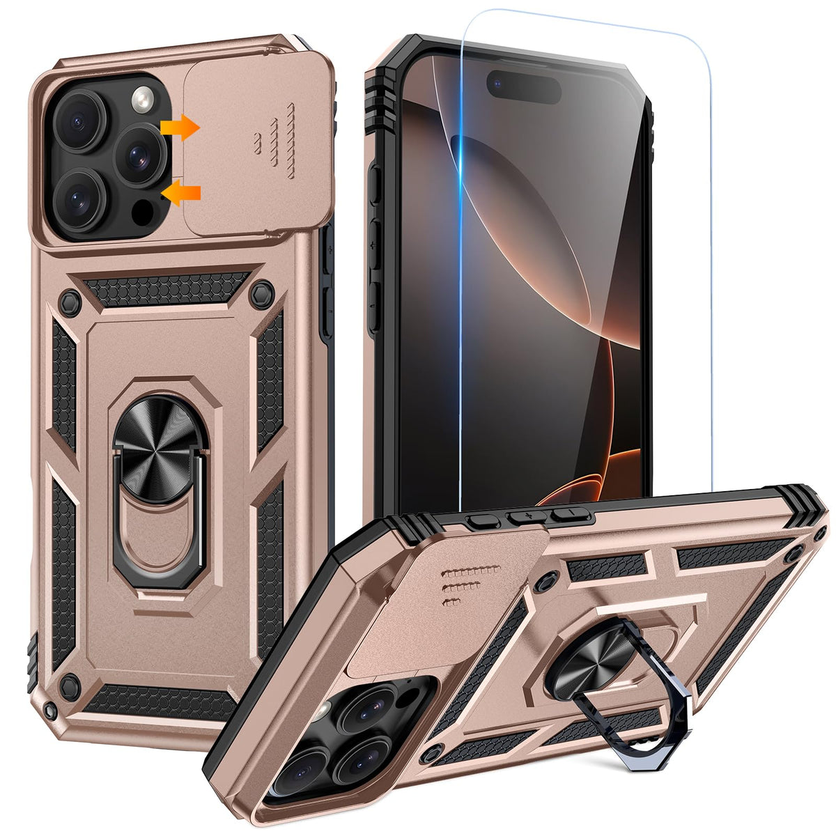 Goton Compatible For Iphone 16 Pro Case With Screen Protector   Slide Camera Cover Protective Phone Case With Ring Stand, Heavy