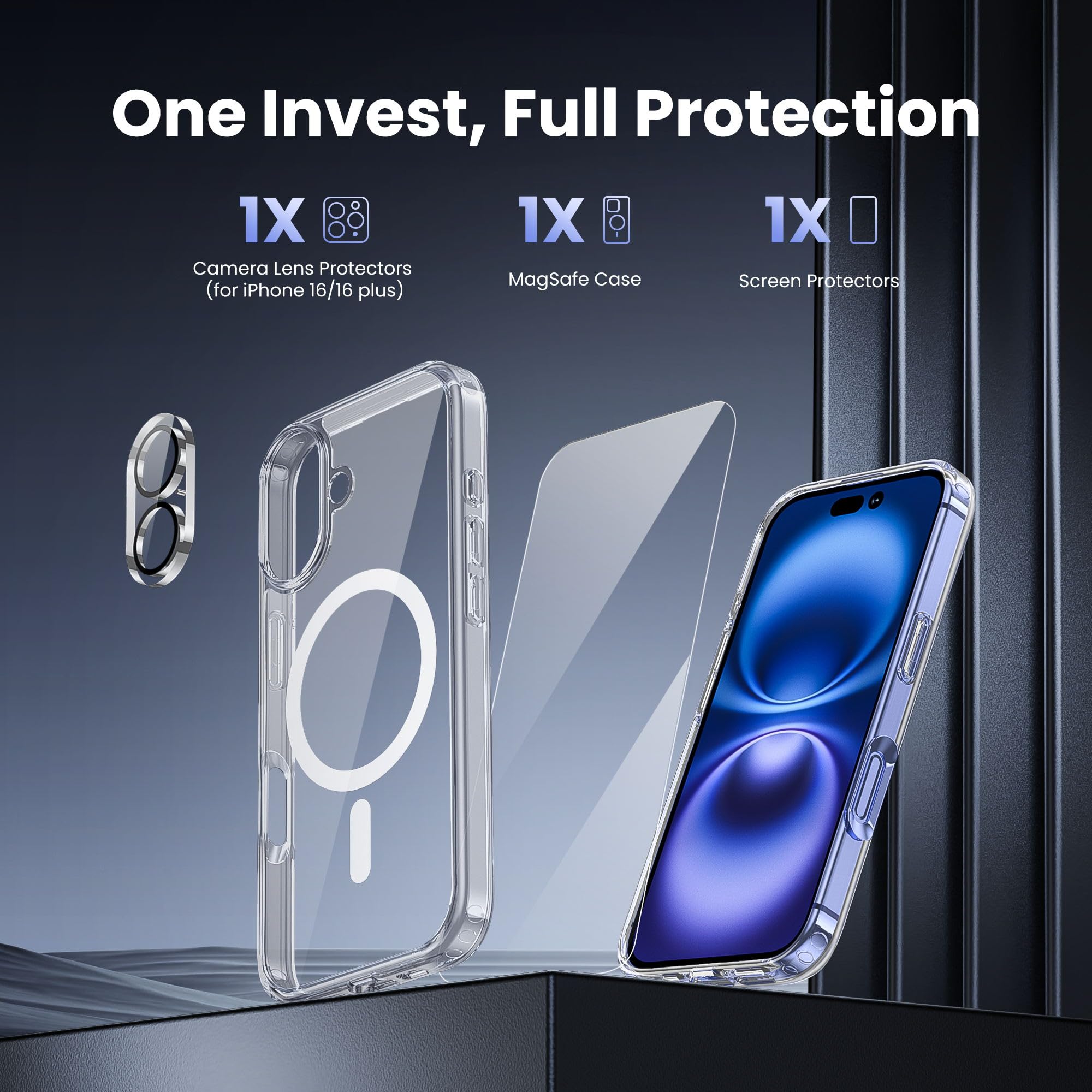 Gyizho For Iphone 16 Case, Compatible With Magsafe [Yellowing Resistant] With 1X Screen Protector + 1X Camera Lens Protector, Mi