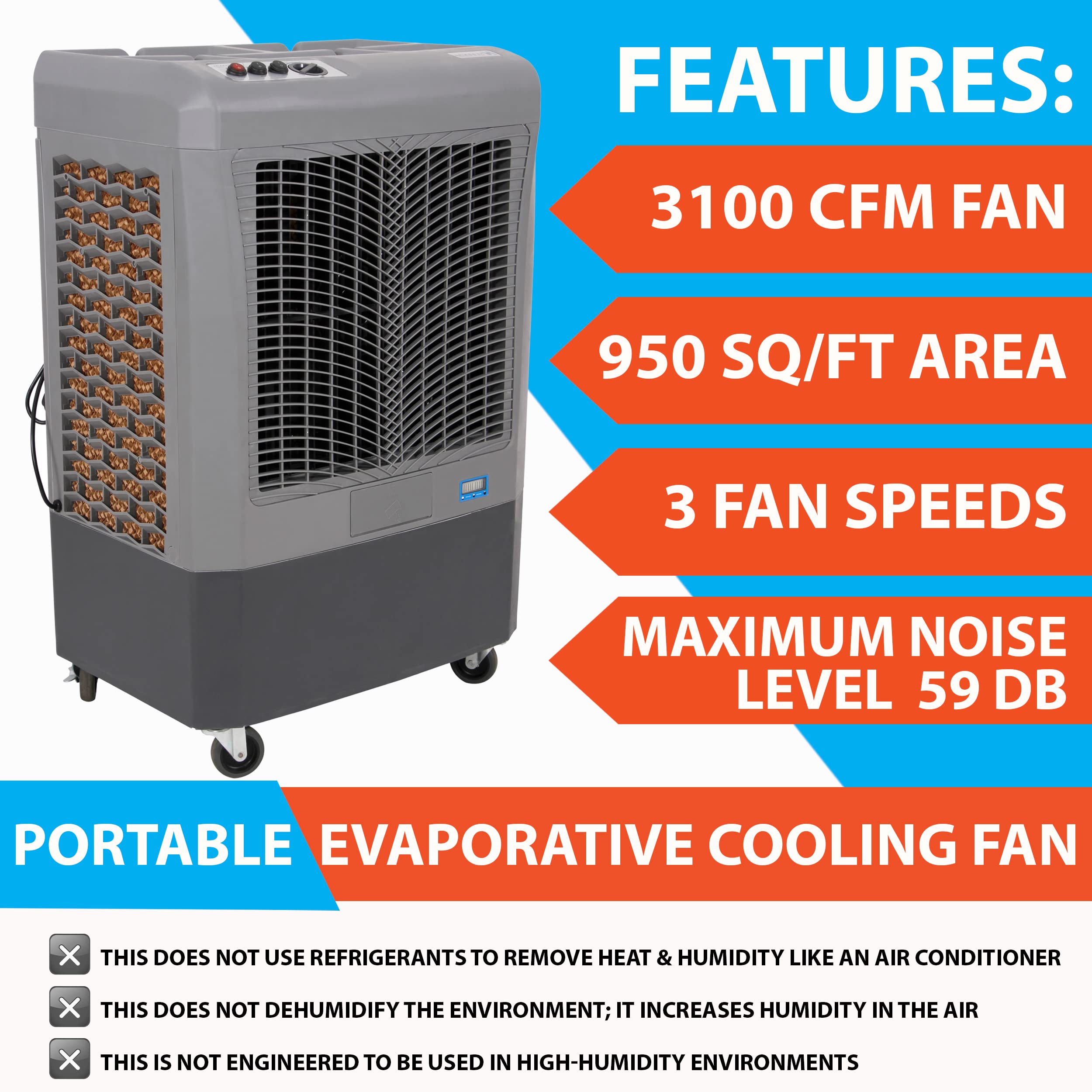 Portable Swamp Coolers   3100 Cfm Mc37M Evaporative Air Cooler With 3 Speed Fan   Water Cooler Fan 950 Sq. Ft. Coverage High Velocity Outdoor Cooling Fan Swamp Cooler By Hessaire   Gray