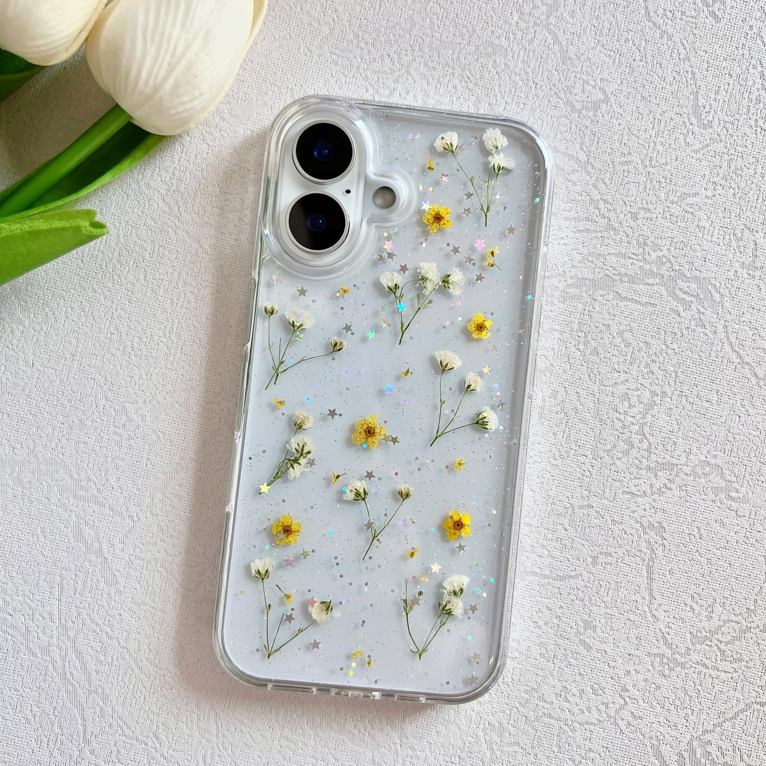 Lseeka For Iphone 16 Clear Case With Pressed Real Flowers Design,Glitter Cute Yellow Floral Pattern Slim Soft Tpu Protective Wom