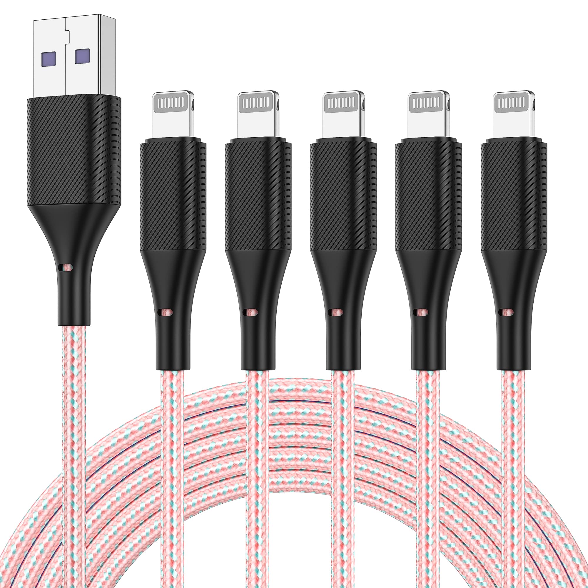 Iphone Charger Cable 10Ft 5Pack,[Apple Mfi Certified] Long Lightning Cable 10 Foot Iphone Charging Cord For Iphone 12/11/11 Pro/X/Xs Max/Xr/8/8 Plus/7/6/6S/Se/5C/5S/5 Ipad Air 2/Mini Airpods(Pink)