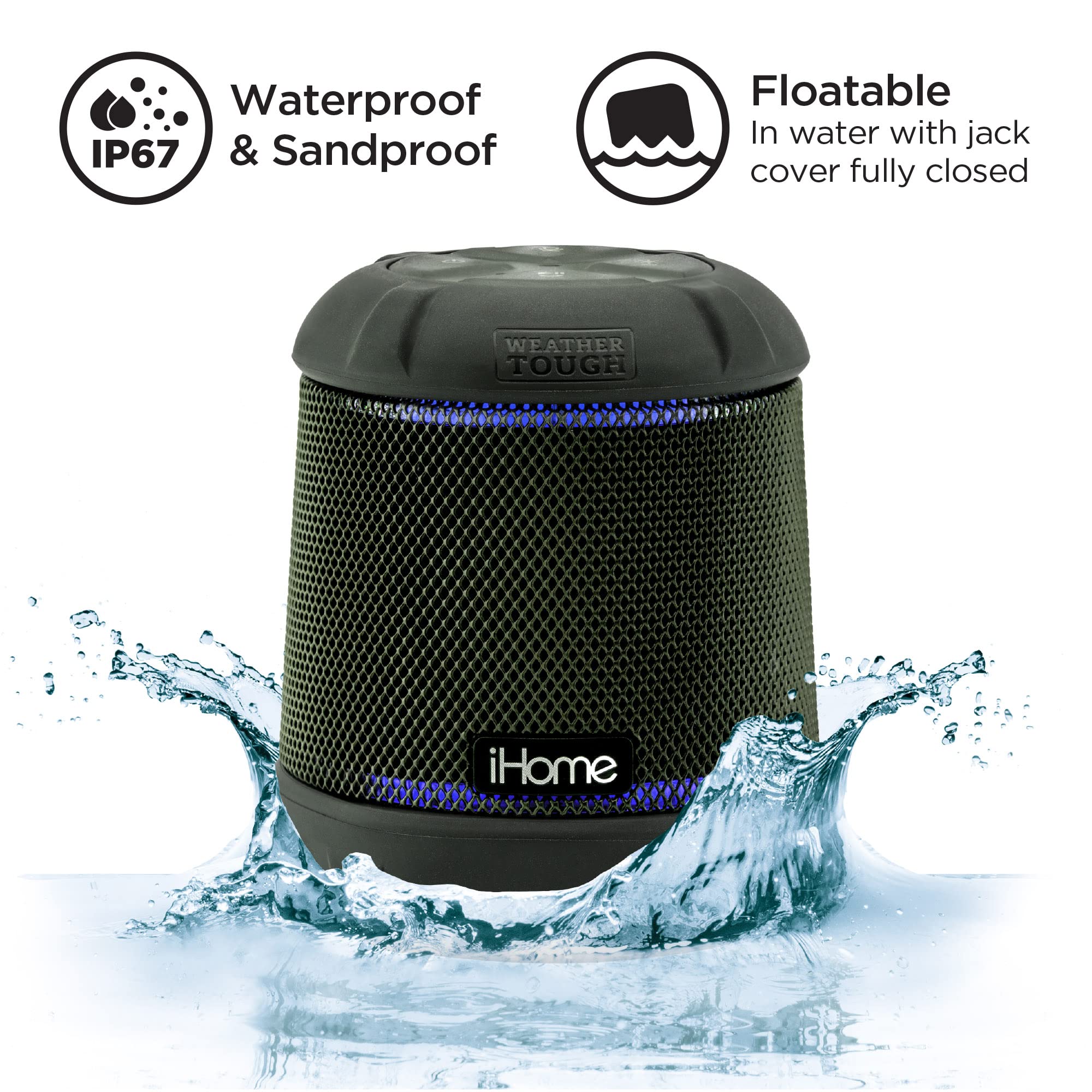 Ihome Waterproof Bluetooth Speaker With Color Changing Lights, Ip67 Certified Portable Speaker With Passive Subwoofer And Enhanc