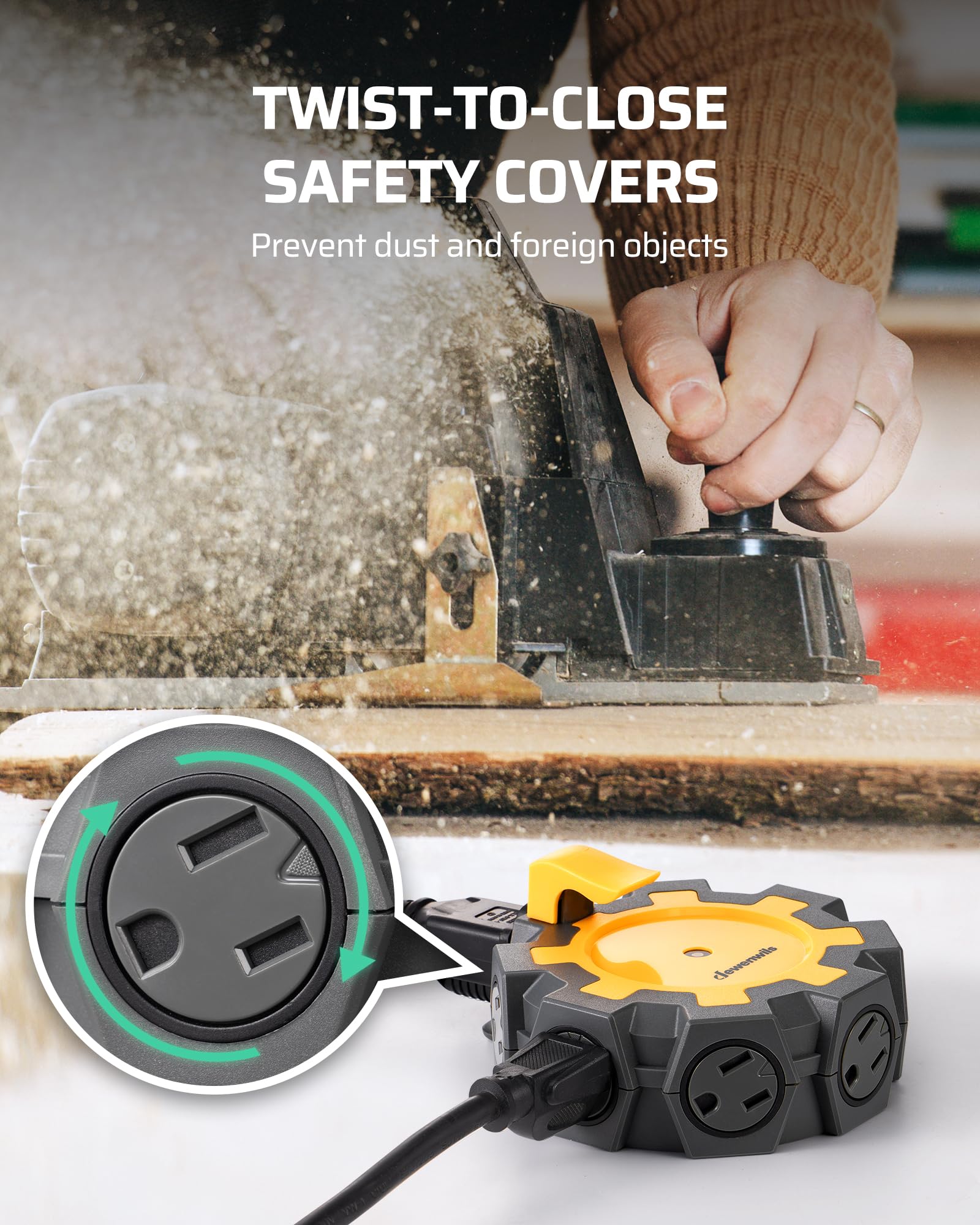 Dewenwils Heavy Duty 6 Outlet Power Hub With Swivel Safety Covers, Outdoor Extension Cord Adapter, Resettable 15A Circuit Breake