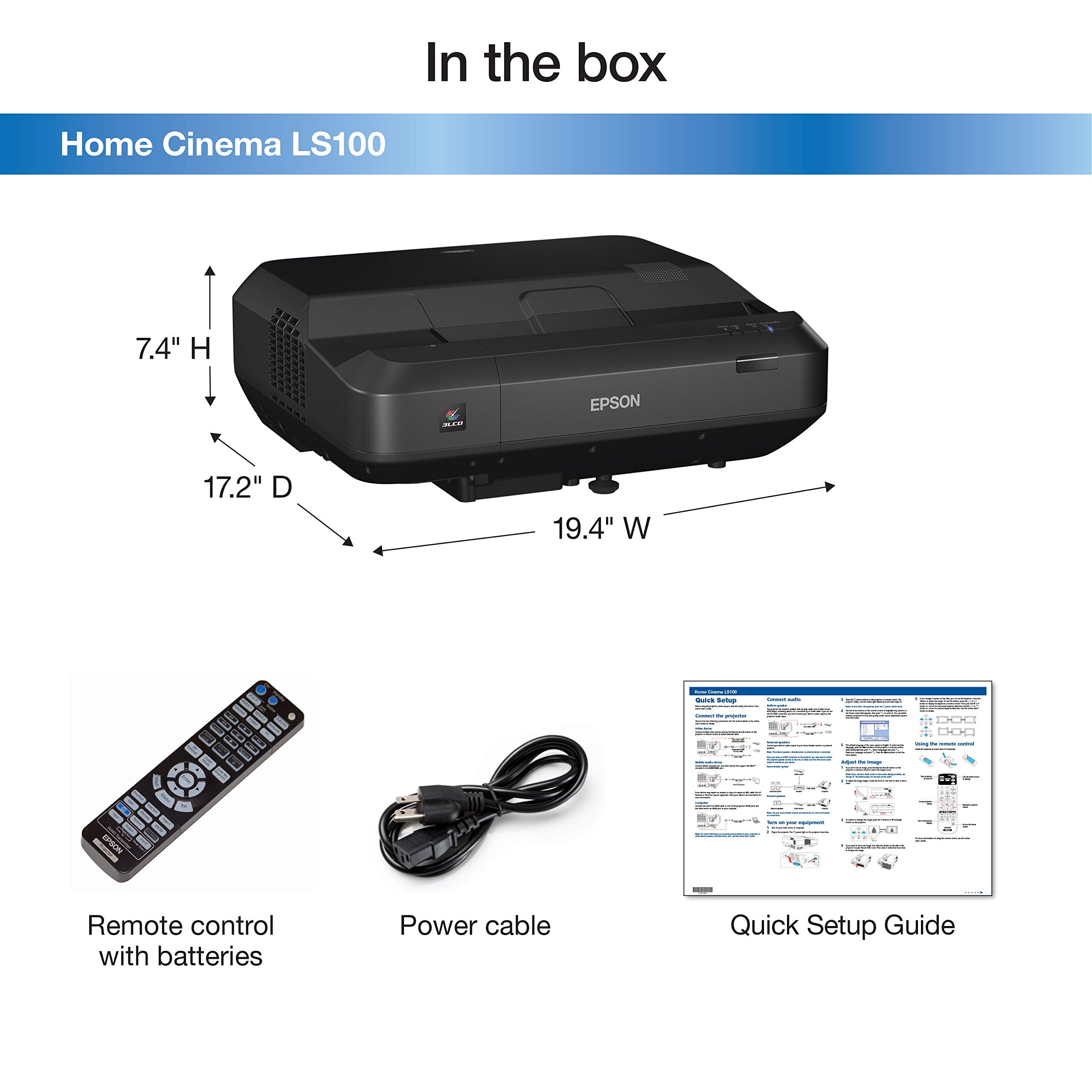 Epson Home Cinema LS100 Ultra Short-throw 3LCD Projector, Full HD, 100% Color Brightness, Black