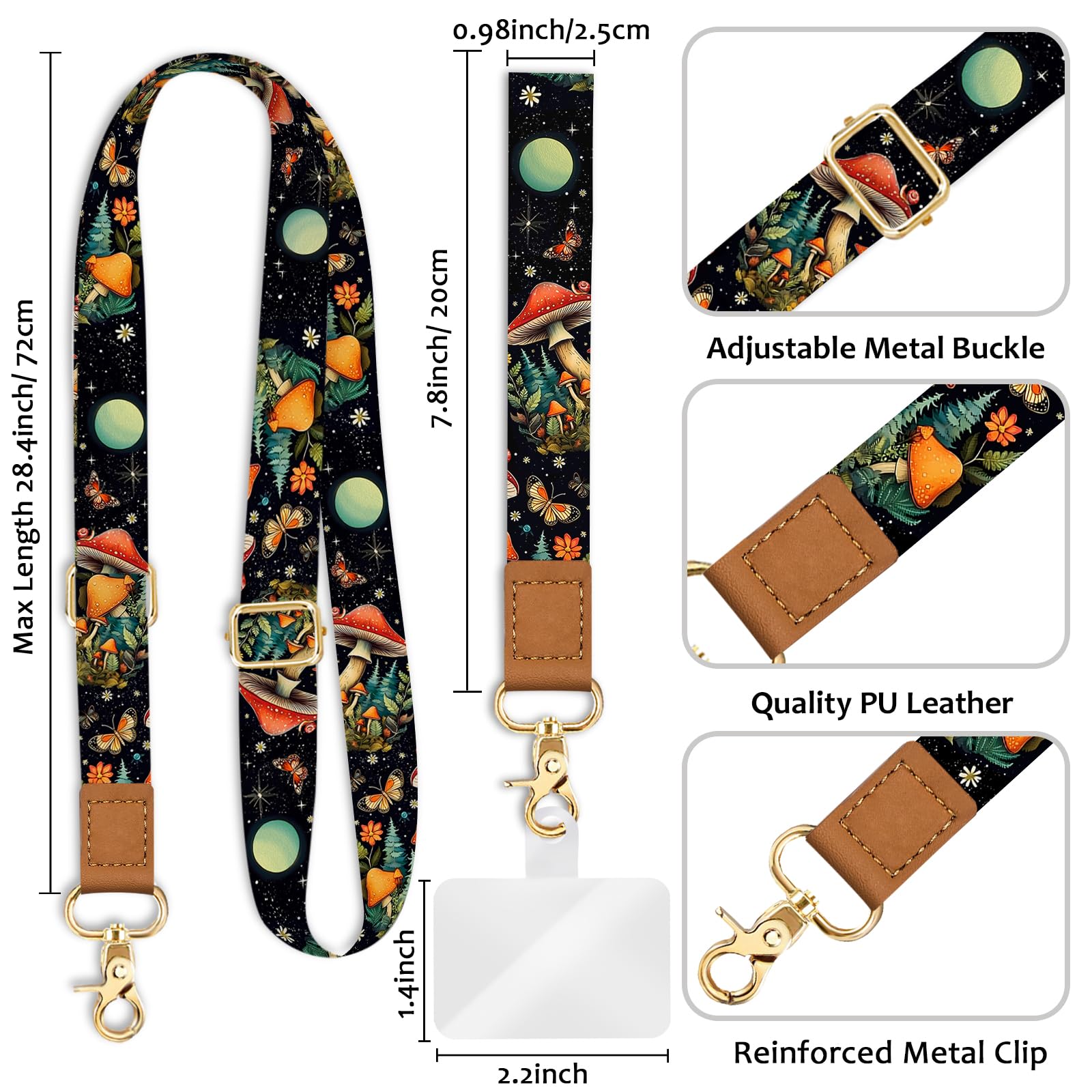 Piefly Phone Lanyard Crossbody Wrist Strap, Cute Mushroom Cell Phone Lanyards For Around The Neck Wristlet Shoulder, Adjustable