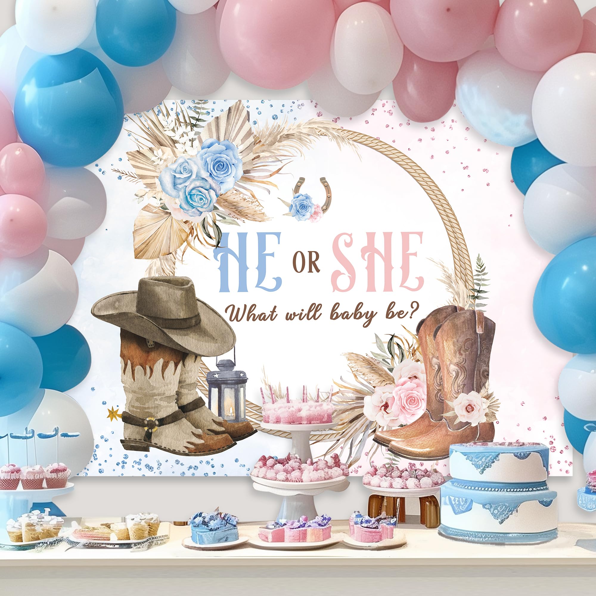 Lightinhome Cowboy Or Cowgirl Gender Reveal Backdrop 7Wx5H Feet For Rustic Farmhouse Flower Floral Pampas Boots Western Country