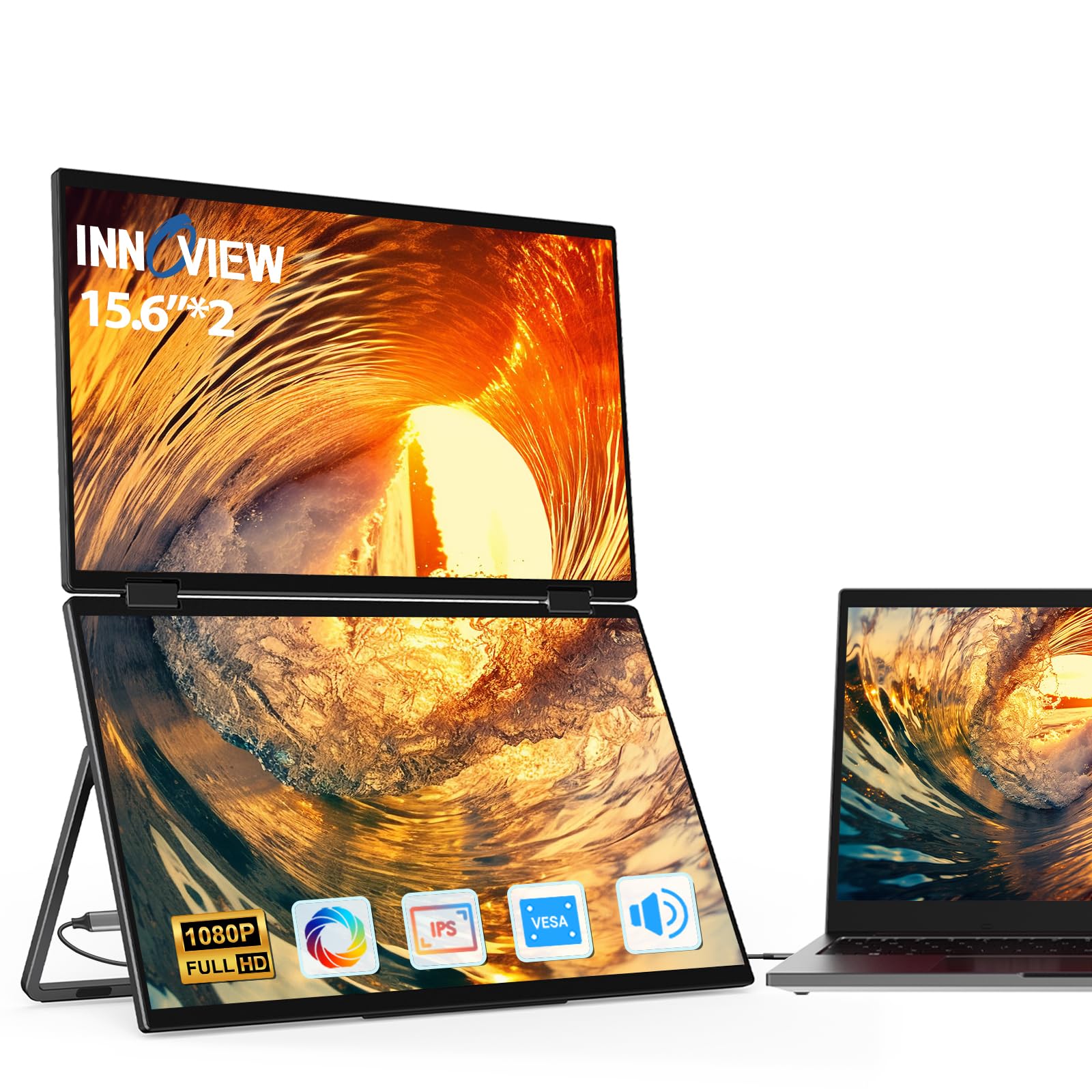 Innoview Laptop Screen Extender 15.6'' Dual Monitors Stacked Folding Triple Monitor (Wins/Mac) 1080P Triple Portable Monitor For